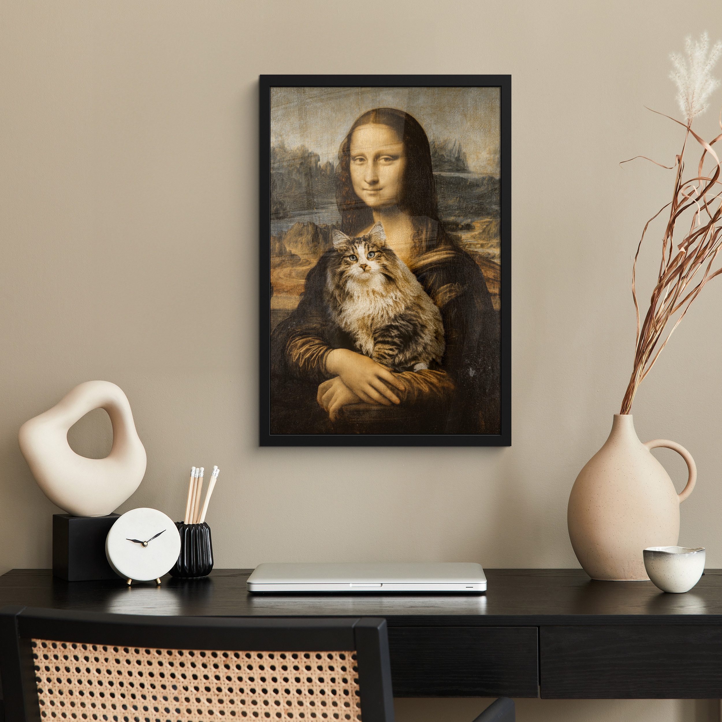 MuchoWow Poster Mona Lisa - Katze - Leonardo da Vinci - Vintage - Kunstwerk - Alte Mei, (1 St), Bilderrahmen Schwarz, Wanddeko für Wohnzimmer, 40x60 cm