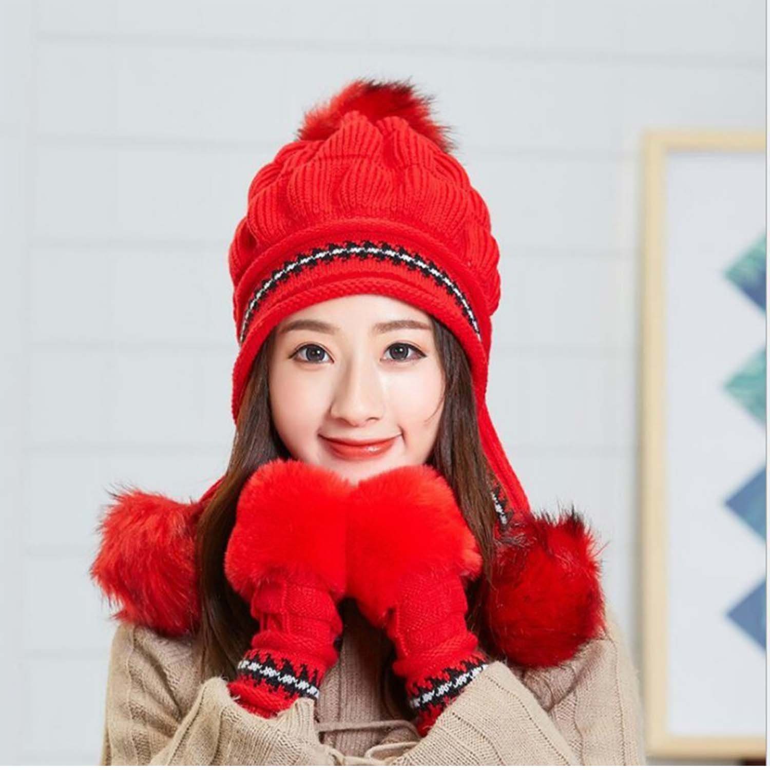 Rot Handschuhe-Sets und Mütze Gestrickte Warme Damen-Weich Bommelmütze Daisred