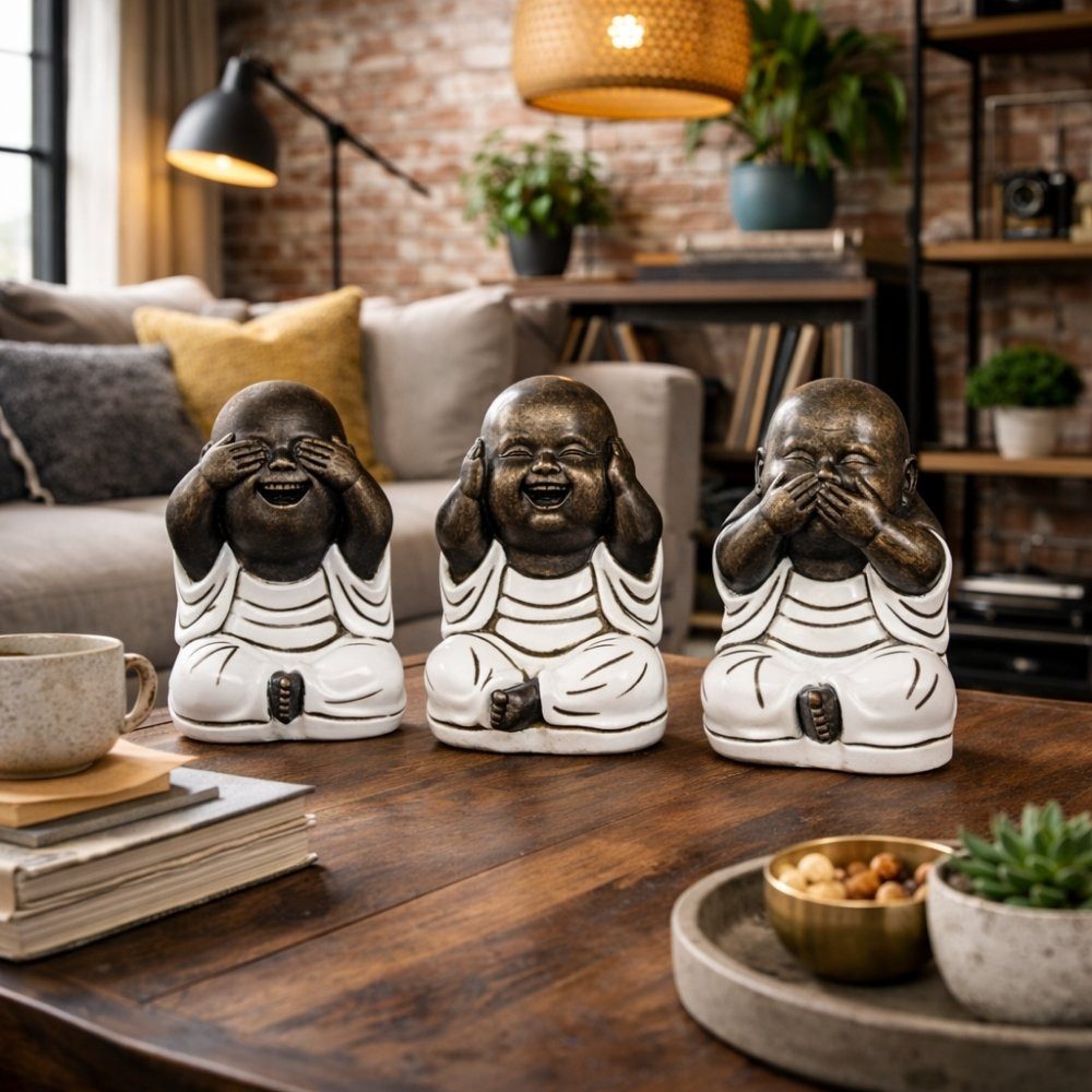 LebensWohnArt Dekoobjekt 3er Set SHAOLIN Figuren Weiß aus Zement Buddha Figur Dekoration