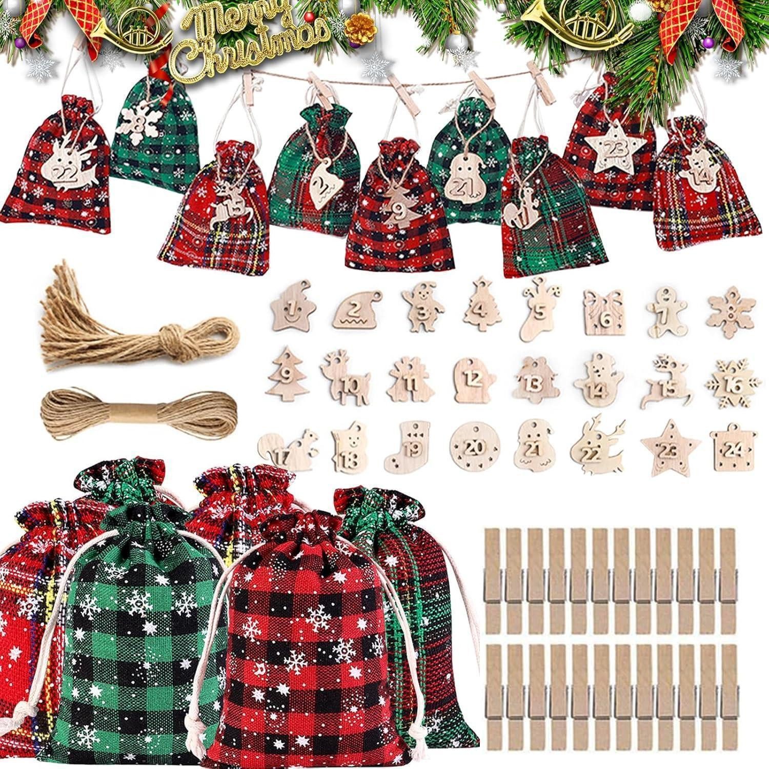 LuxusKollektion DIY-Adventskalender Adventskalender Leinenbeutel 24 Tage mit Kordelzug Holzklammern