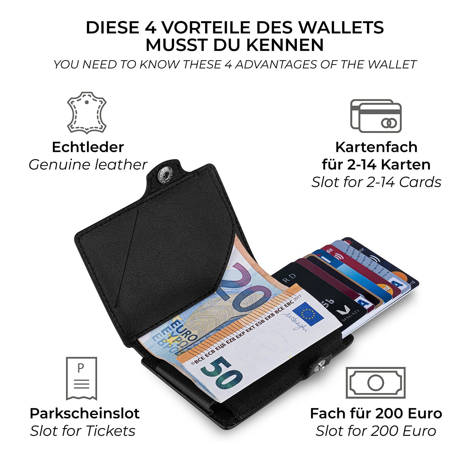 MAGATI Mini Geldbörse kleines Echtleder Wallet aus Schwarz AirTag zu (mit bis 14 Karten mit Kartenhalter Kartenetui für elastischem mini Hülle, Geschenkverpackung), Herren mit