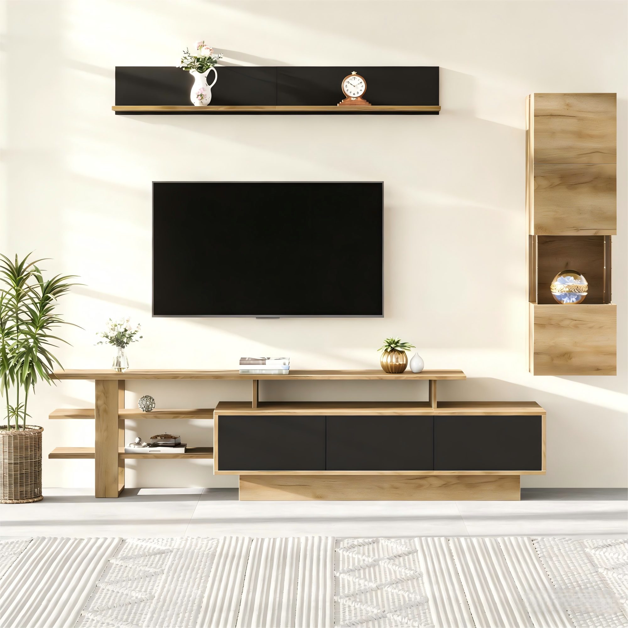 REDOM Wohnwand 3-teiliges Wohnzimmer-Set in Schwarz & Naturholz mit LED, (Set, 3-St., Bestehend aus TV-Board (3 Schubladen), Vitrine & Wandregal), Stilvolle Kombination für TV-Geräte bis 80 Zoll