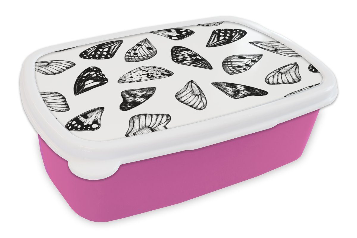 MuchoWow Lunchbox Schmetterling - Flügel - Muster, Kunststoff, (2-tlg), Brotbox für Erwachsene, Brotdose Kinder, Snackbox, Mädchen, Kunststoff rosa