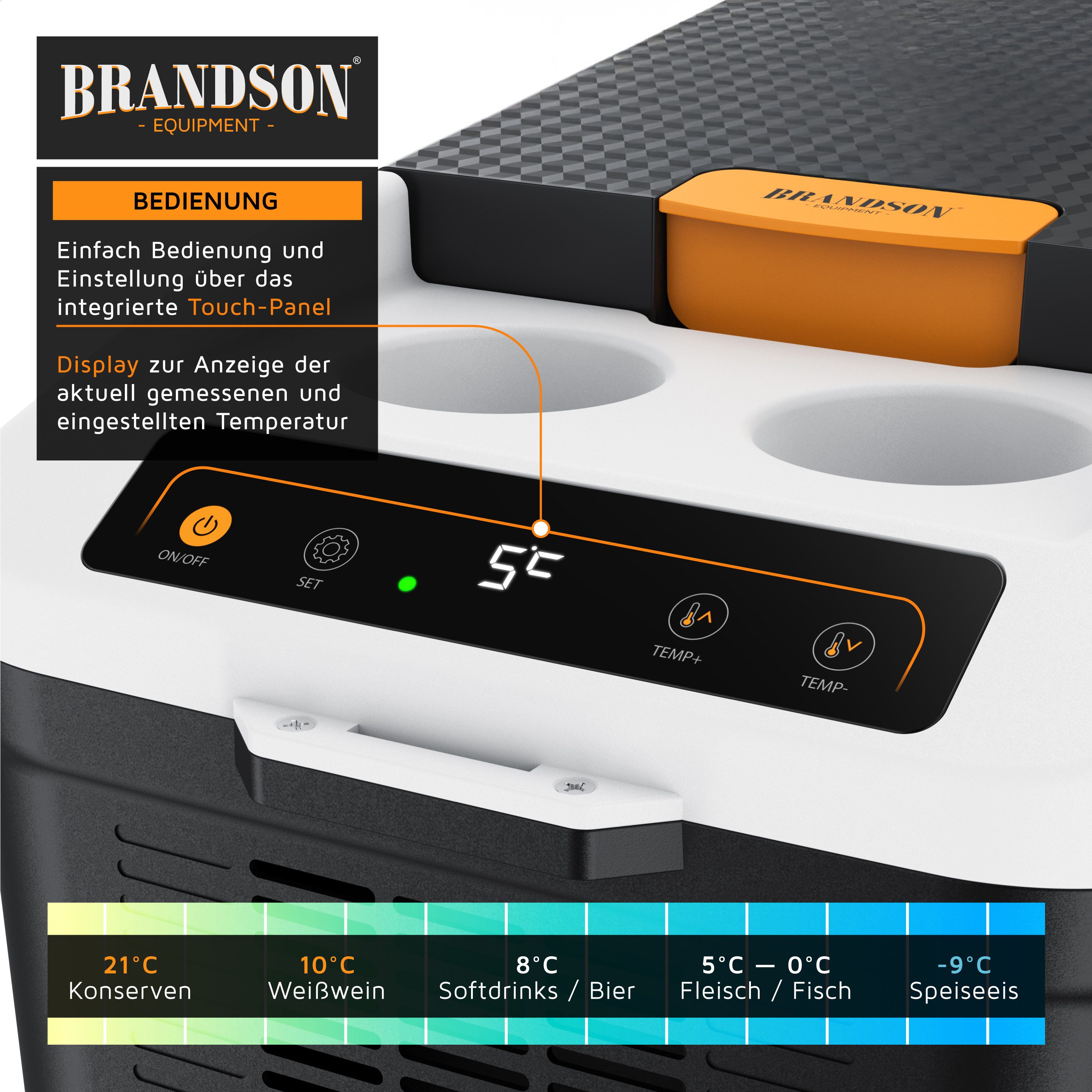 Brandson Elektrische Kühlbox 14 L, Kühlt & hält Warm, von max. -9 bis +65°C, für Mittelkonsole, 14 l, 230 V Netzspannung und 12 V KFZ Auto Bordspannung, mit Getränkehalter