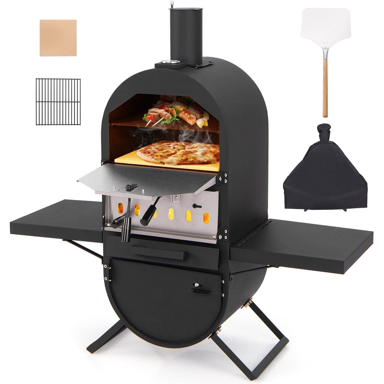 KOMFOTTEU Pizzaofen, Pizzabäcker mit 31 cm Pizzastein, mit 2 Seitentischen