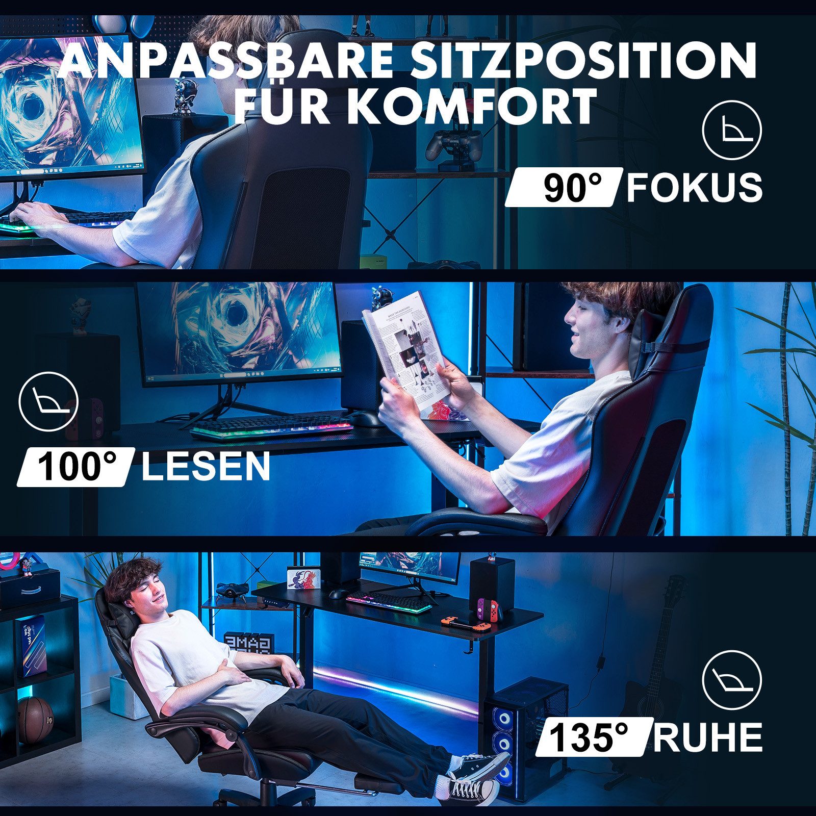 GTPLAYER Gaming-Stuhl Bürostuhl mit Doppelrückenlehne, Zweckmäßig für Winter und Sommer, mit Fußstütze abnehmbarem Bezug und Lendenwirbelstütze