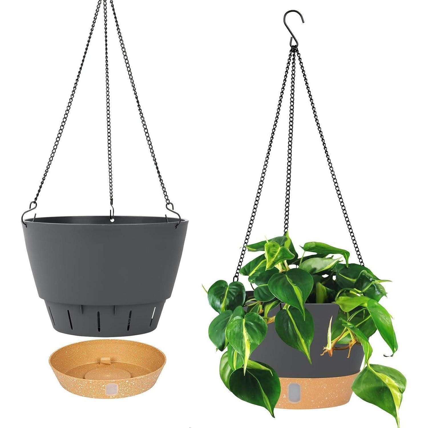 LuxusKollektion Blumentopf Pflanzgefäß Set 25,4cm hängend Drainageloch 3 Haken A+grau 25.4CM
