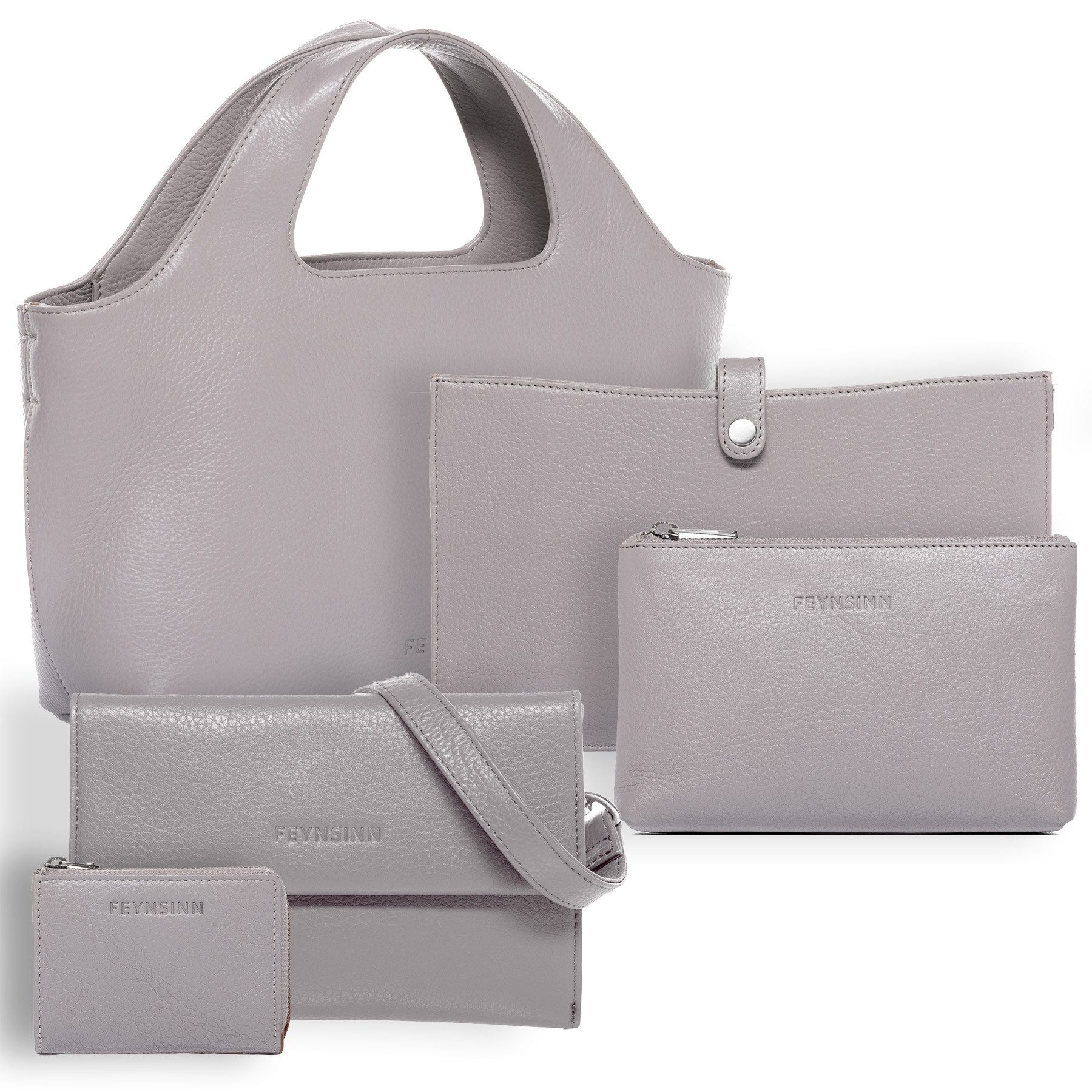 FEYNSINN Umhängetasche echt Leder Henkel groß Laptop-Hülle hell-grey, Henkeltasche Echtleder für Damen, Ledertasche hell-grau