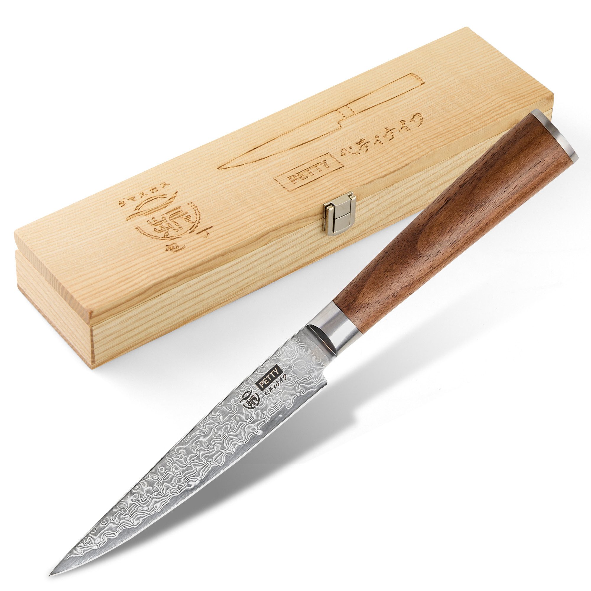 HITOFURI® Damastmesser HITOFURI® PETTY Damaskusmesser Universalmesser Premium Messer 73 Lagen, inkl. einer edlen Holzbox, Messerscheide, Pflegetuch sowie Pflegeöl