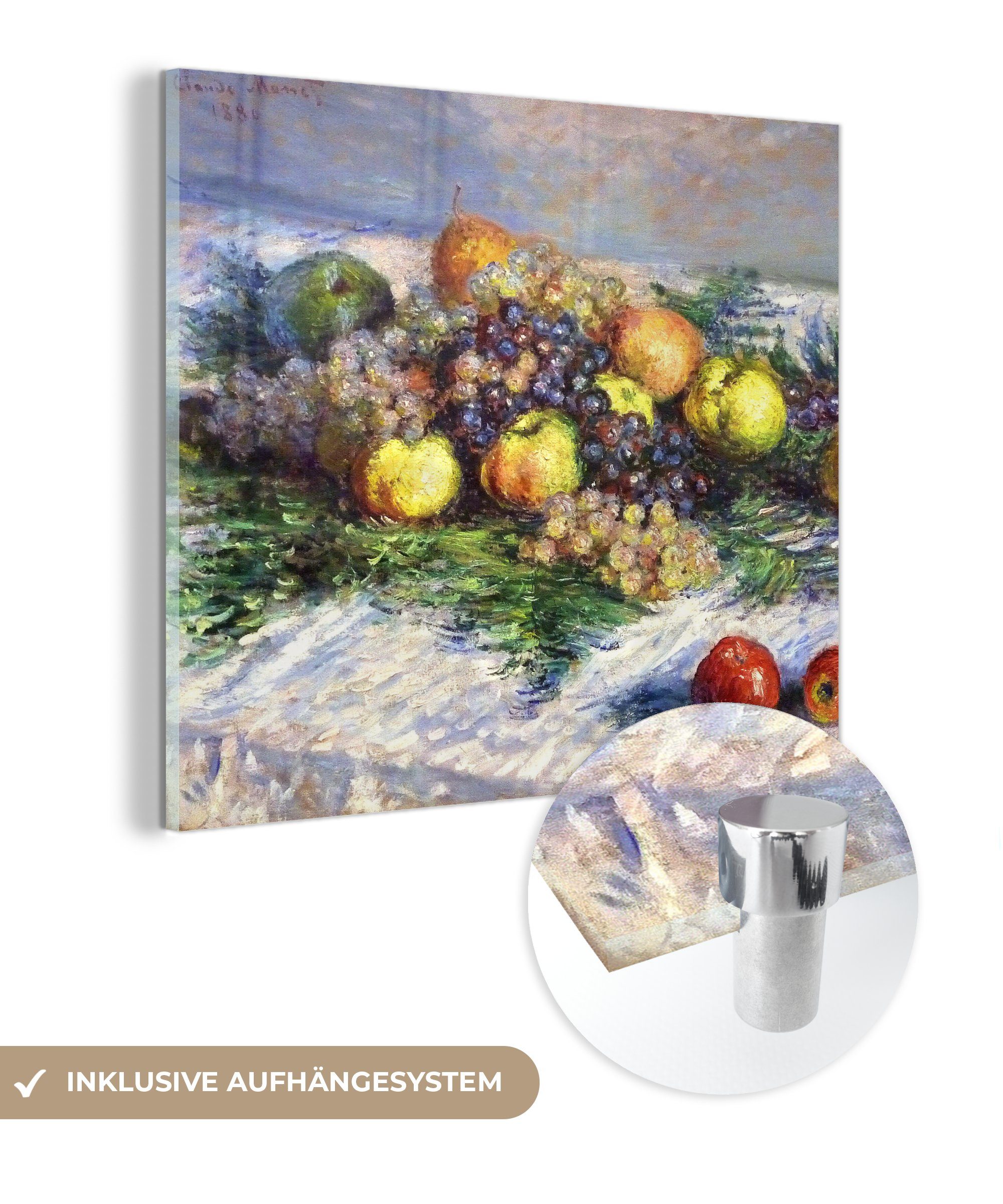 MuchoWow Acrylglasbild Stilleben mit Birnen und Weintrauben - Claude Monet, (1 St), Glasbilder - Bilder auf Glas Wandbild - Foto auf Glas - Wanddekoration