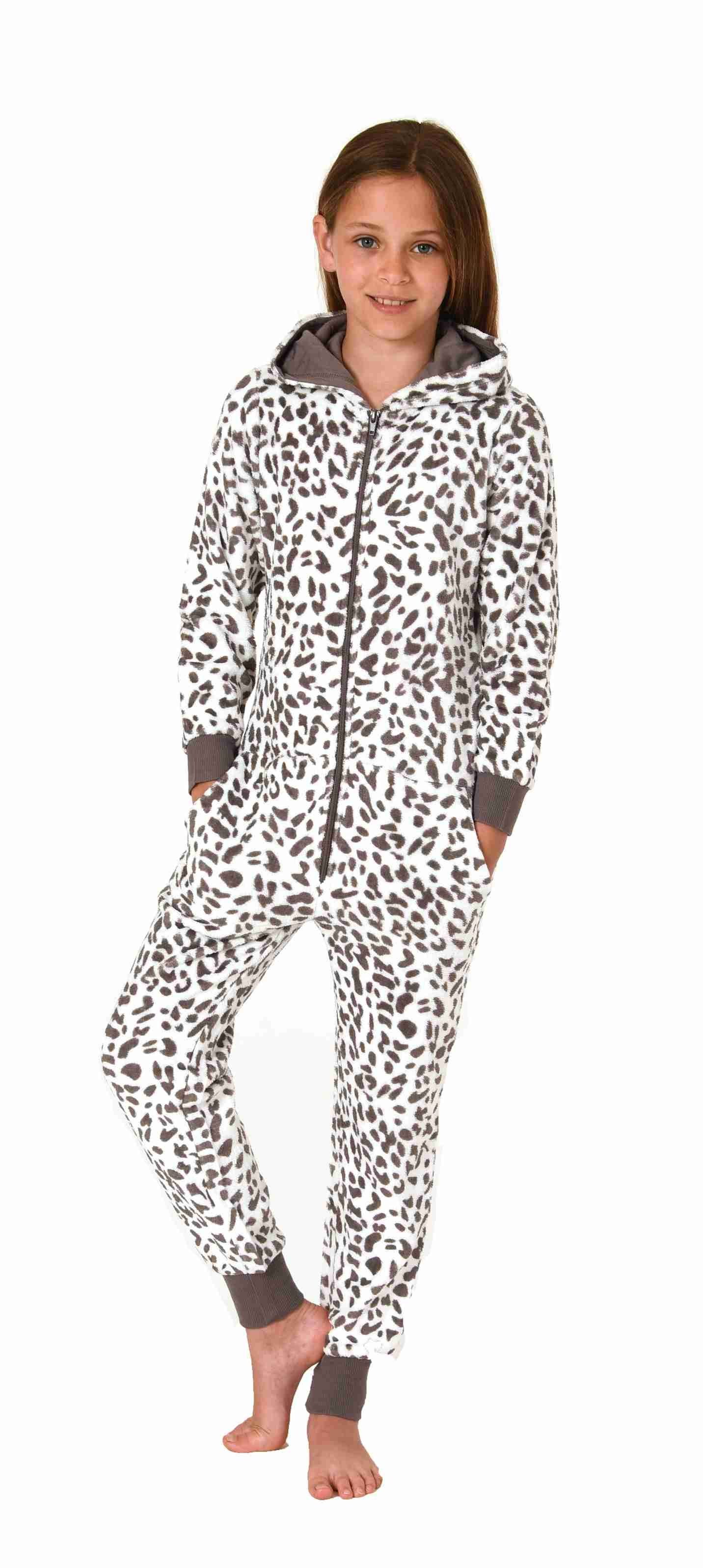 Normann Pyjama Mädchen Schlafanzug Einteiler Jumpsuit aus Coralfleece im Animal Look braun