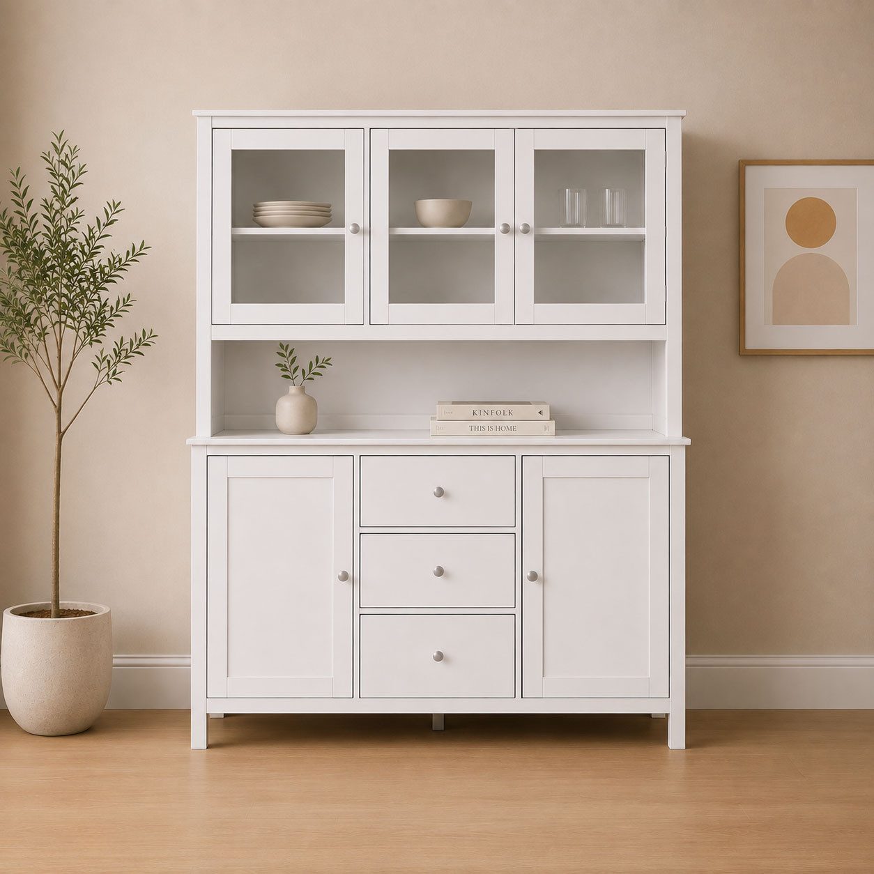 Inter Link Buffet Pinora, Vitrine Kiefer Massivholz, Küchenschrank Weiss lackiert (1-St) Geschirrschrank im Skandi Look, viel Stauraum, 160 x 39,50 x 197 cm