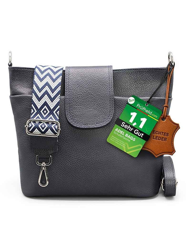Adel Bags Schultertasche SARA Umhängetasche Damen Navyblau aus Echtleder Crossbody (Test SEHR GUT, Note 1.1), 20 Farboptionen, Hergestellt in Italien, mit 2 Riemen