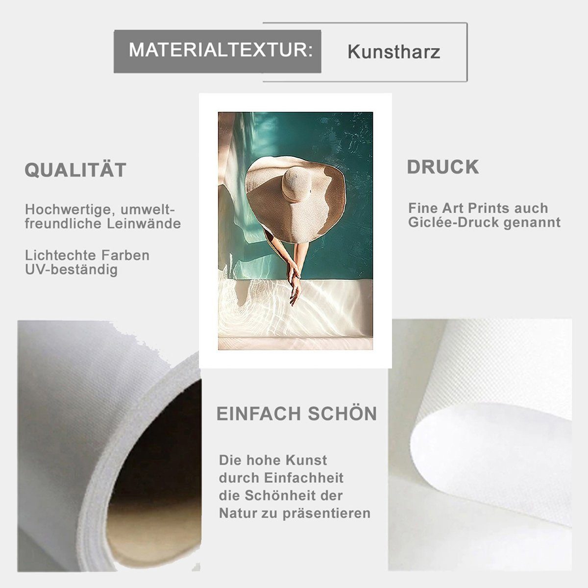 TPFLiving Kunstdruck (OHNE RAHMEN) Poster - Leinwand - Wandbild, Sommer, Sonne, Mädchen, Pool - (Leinwand Wohnzimmer, Leinwand Bilder, Kunstdruck), Farben: grün, braun, beige, weiß - Größe: 10x15cm