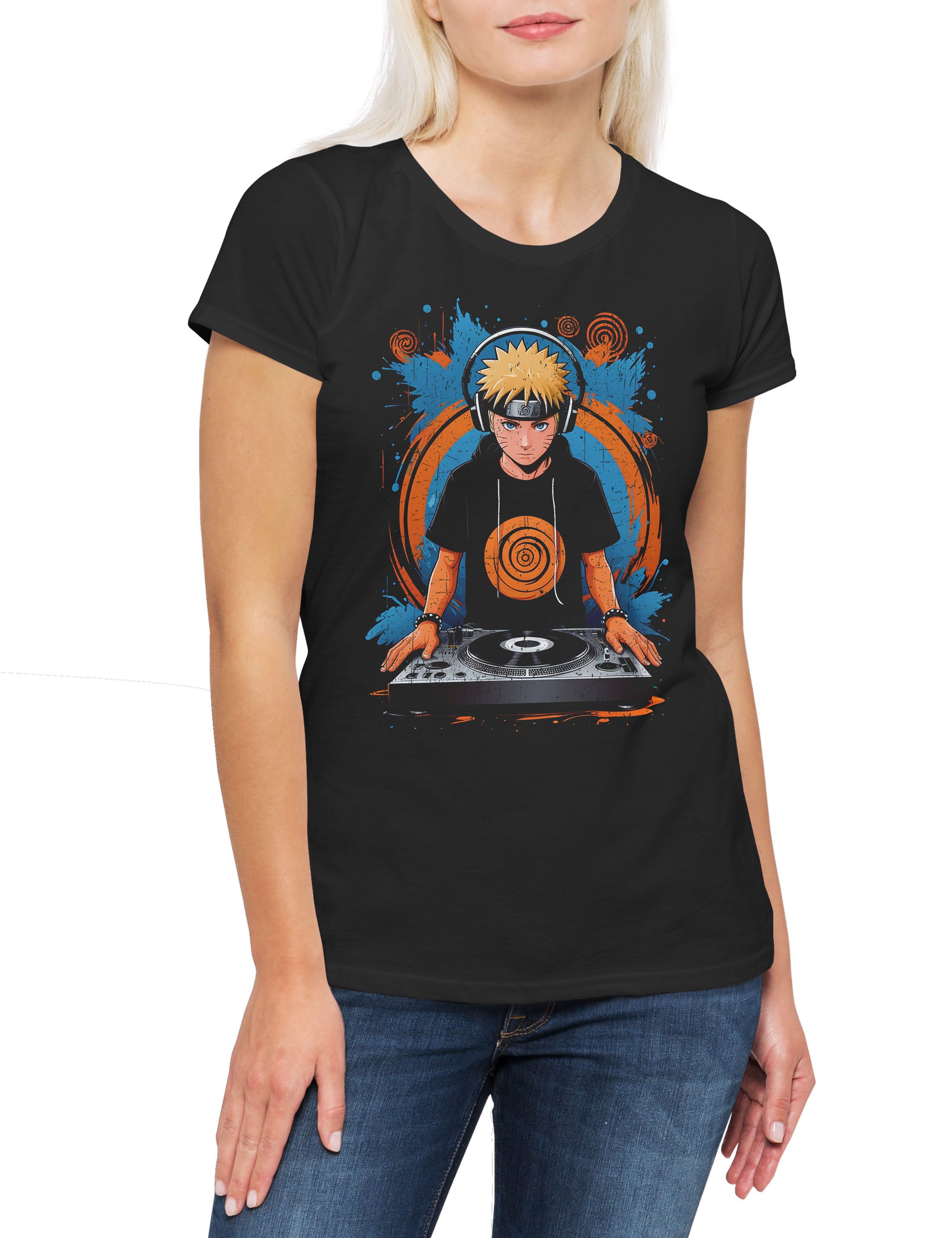 Print-Shirt Ninja DJ Damen T-Shirt Shinobi System Anime Naruto Music Musik