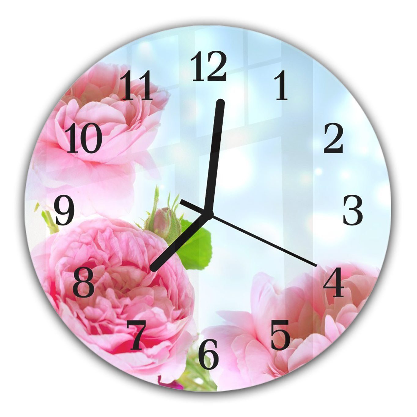 Primedeco Wanduhr Wanduhr aus Glas mit Motiv Blühende Rosen - Rund mit Durchmesser 30 cm und Quarzuhrwerk