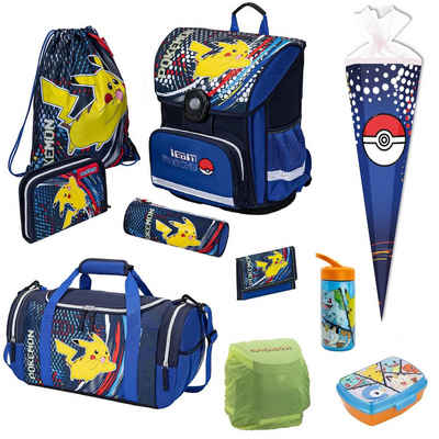Familando Schulranzen Pokemon für Kinder von der 1. bis 4. Klasse (Set, 10-tlg), mit Schultüte 85cm, Dose, Flasche und extra großer Sporttasche