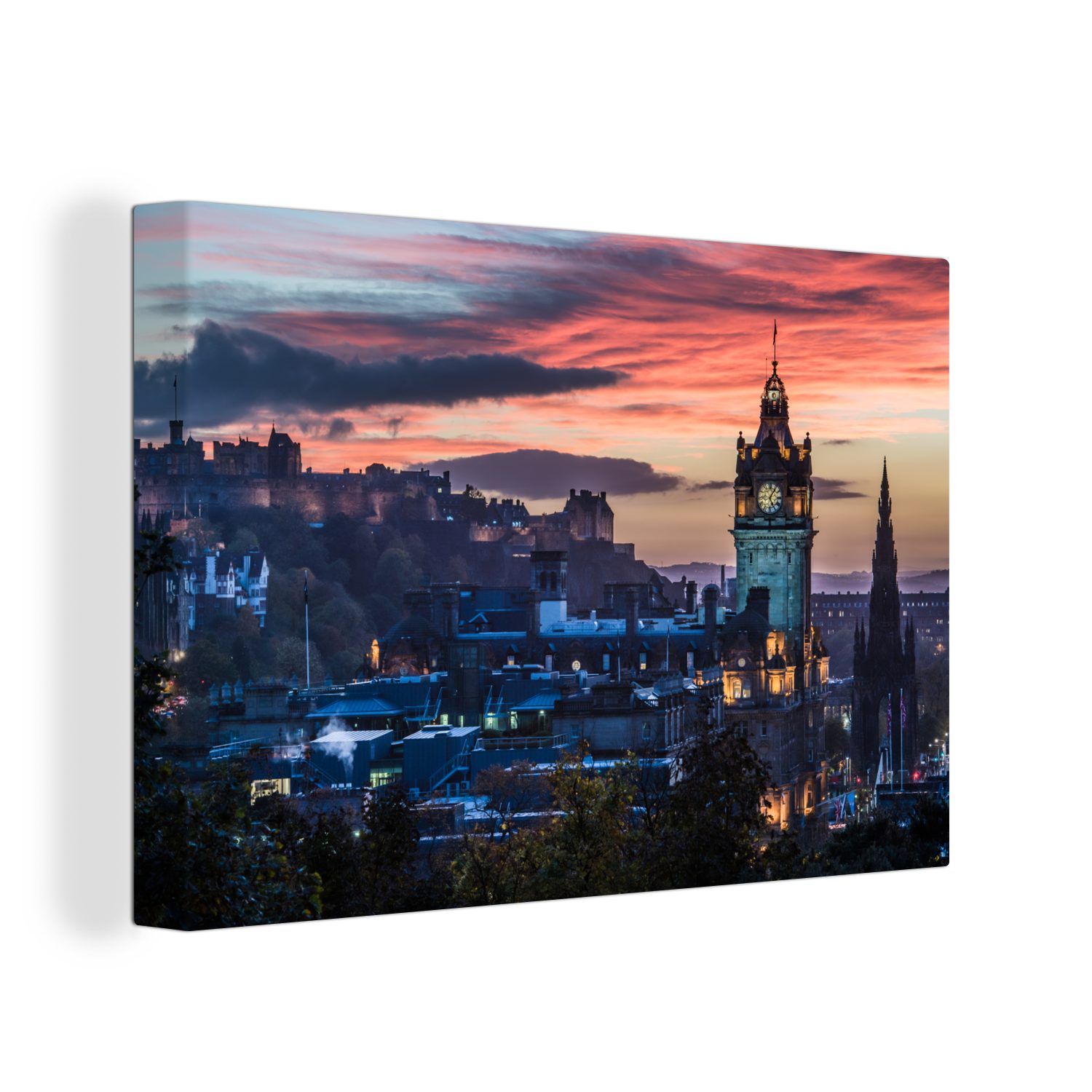 OneMillionCanvasses® Leinwandbild Roter Himmel über Castle Wanddeko, Edinburgh (1 Aufhängefertig, cm Edinburgh der 30x20 mit Leinwandbilder, Ferne, in Wandbild St)