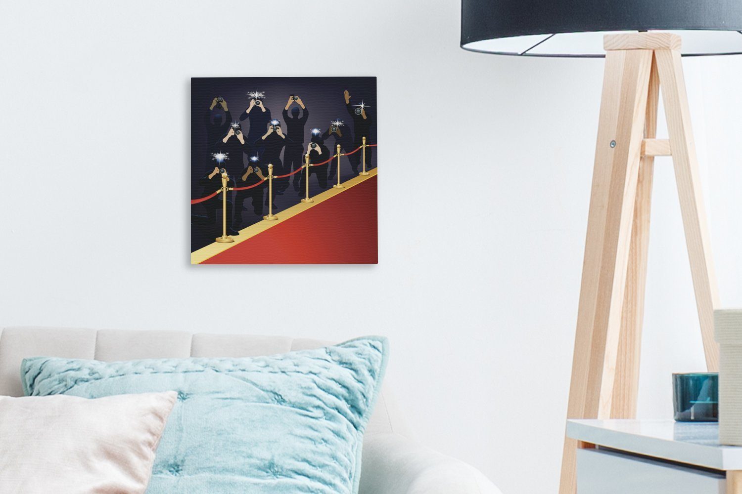 OneMillionCanvasses® Leinwandbild Eine Illustration der Schlafzimmer für Fotografen entlang Leinwand Wohnzimmer Teppichs des in, St), Bilder roten (1