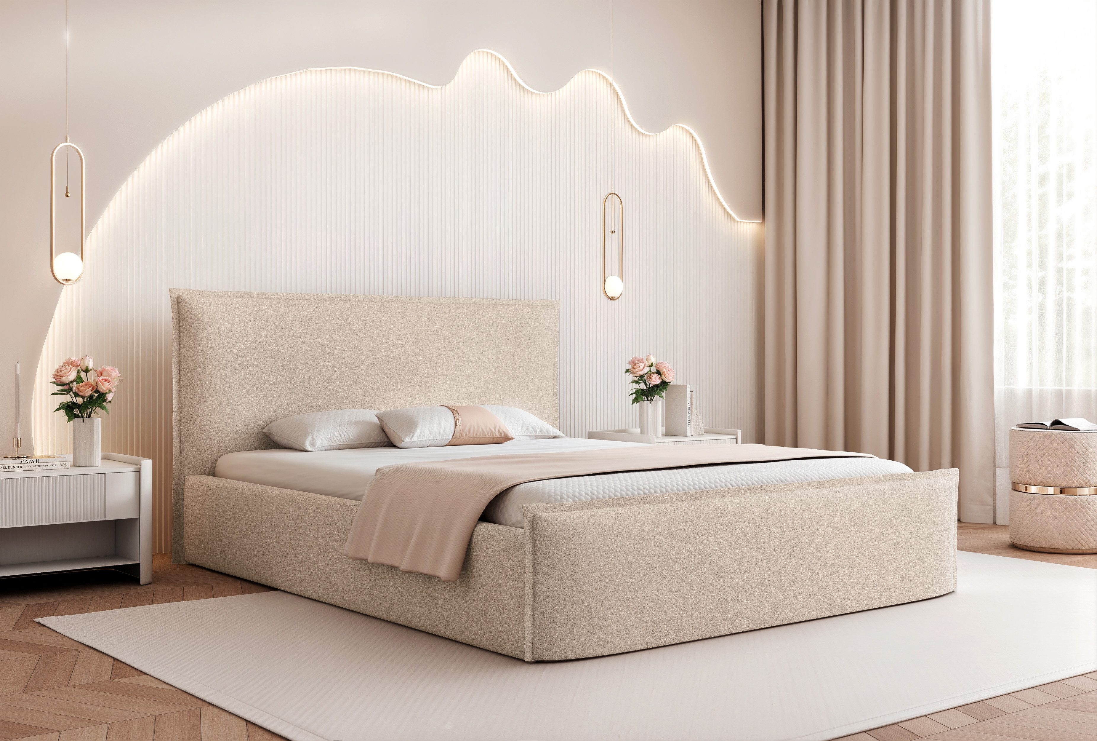 Goldstoff Polsterbett Bettgestell "SERENO" mit großem Stauraum & modernem eleganten Design (120–200x200 cm, Kopfteilhöhe 70/110 cm, Seitenhöhe: 30 cm), Bettgestell mit integriertem Stauraum & hochwertiger Verarbeitung