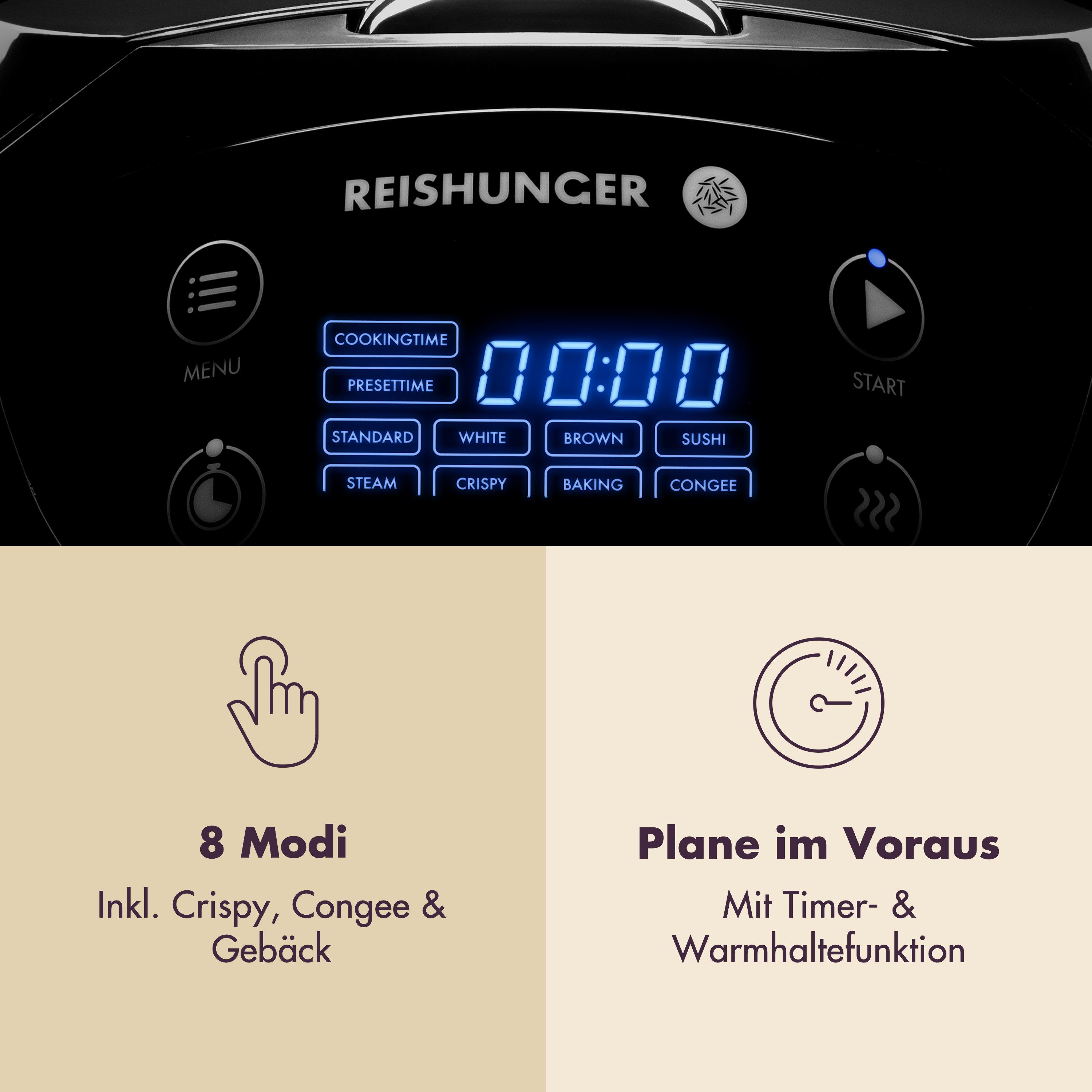 Reishunger Reiskocher kleines digitales Modell – 0,6 L – Multikocher – Bundle Paket –, 350 W, Dämpfeinsatz, Messbecher, Reislöffel, Timer- und Warmhaltefunktion