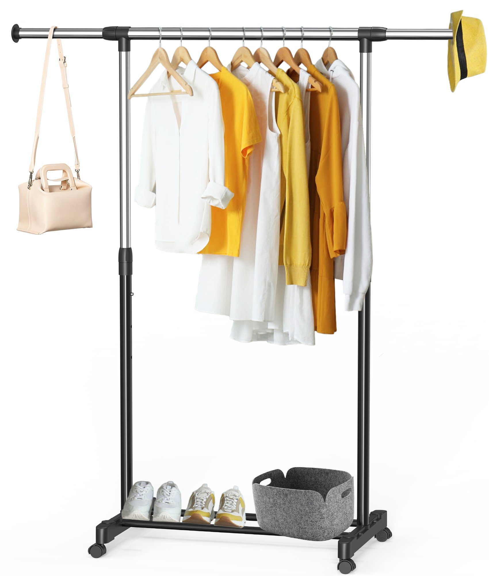 NEFOSO Kleiderständer tragbarer ausziehbarer, Kleiderwagen auf 4 rollen, bis 30 kg belastbar, (1 St), ausziehbar & Höhenverstellbar, Garderobenständer, aus Metall, schwarz