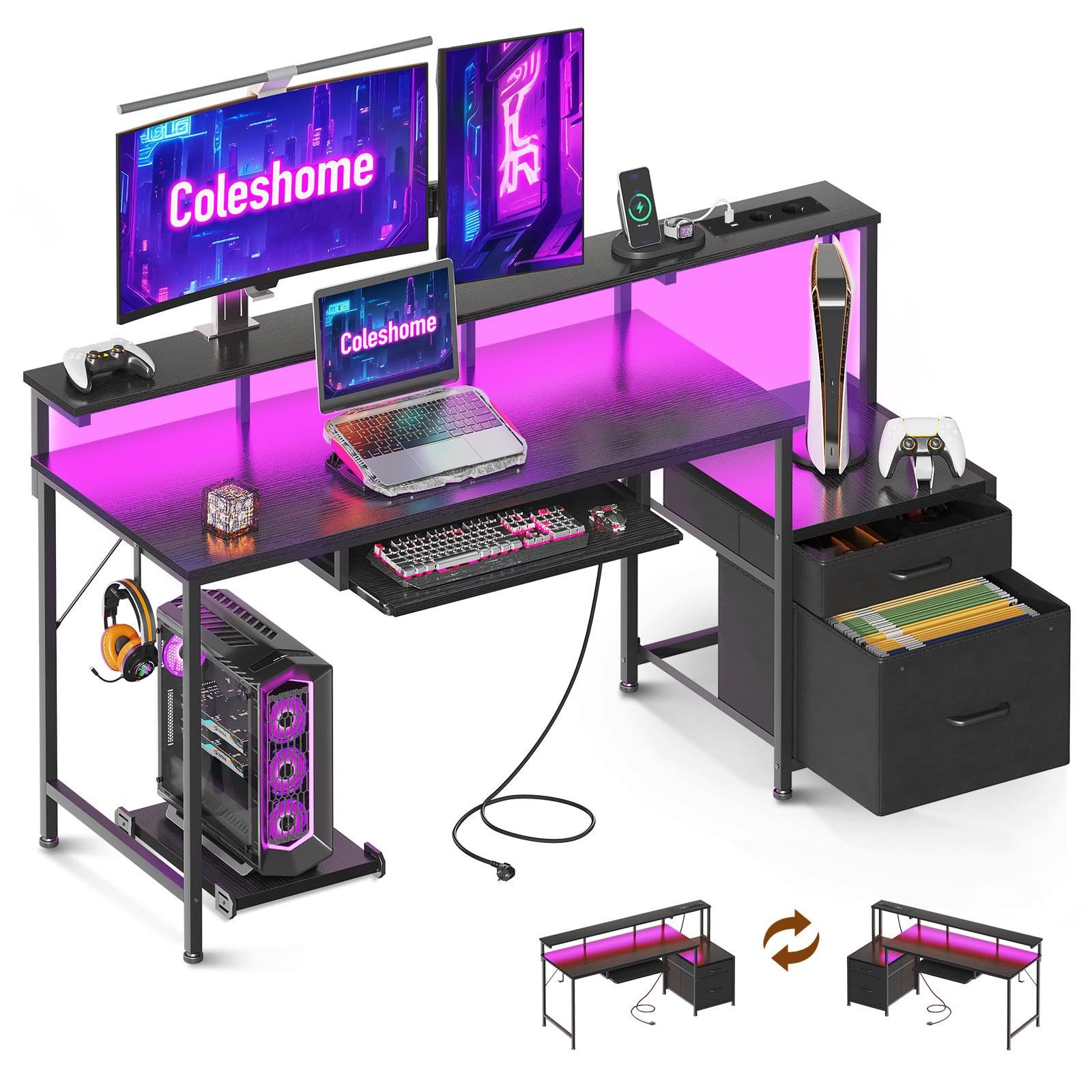ODK Gamingtisch mit LED-Beleuchtung, Steckdosenleiste und ausziehbarer Tastaturablage (1-St), Mit Stoffschubladen und Monitorständer, 140×48×90,7 cm, Schwarz