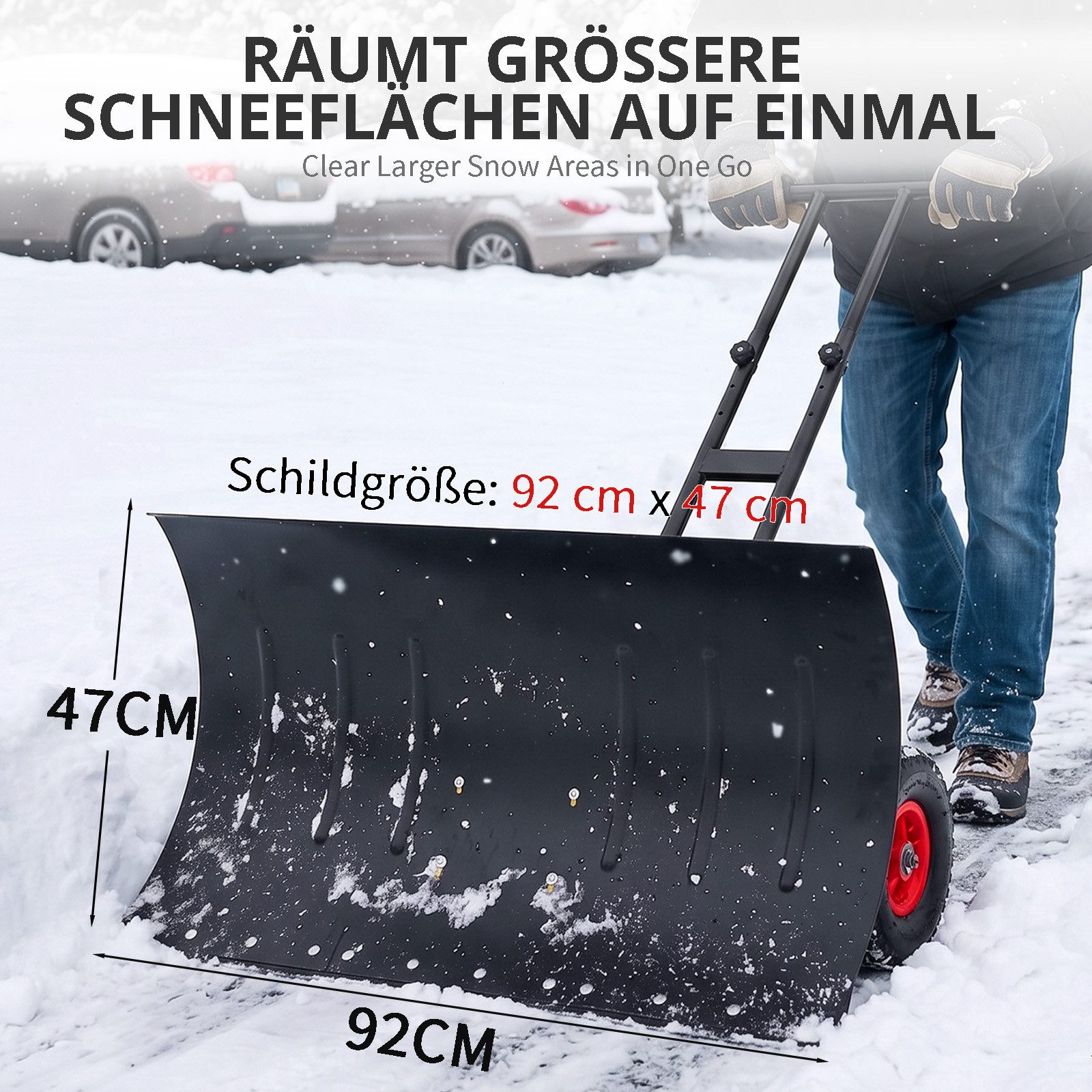 LALAHO Schneeschieber Schneeschaufel mit Rädern & Stiel – Stahlschaufel, 92 cm Arbeitsbreite, mit 100 cm langem Stiel, verstellbare Schubstange, ergonomisch, fü – Bild 4 von 5