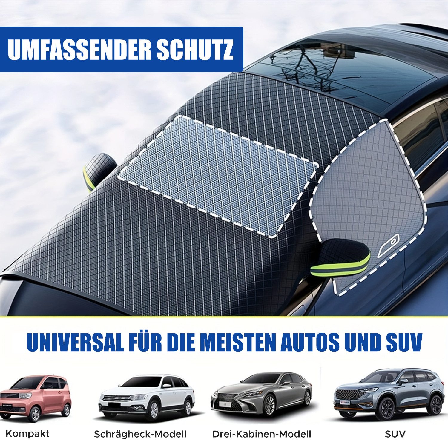 Refttenw Windscreen Cover with 6 Magnets & 4 Straps, Car Cover Winter, Car Cover, 259 x 114.3 cm, for Windscreen & Side Windows & Wing Mirrors & Door Handles