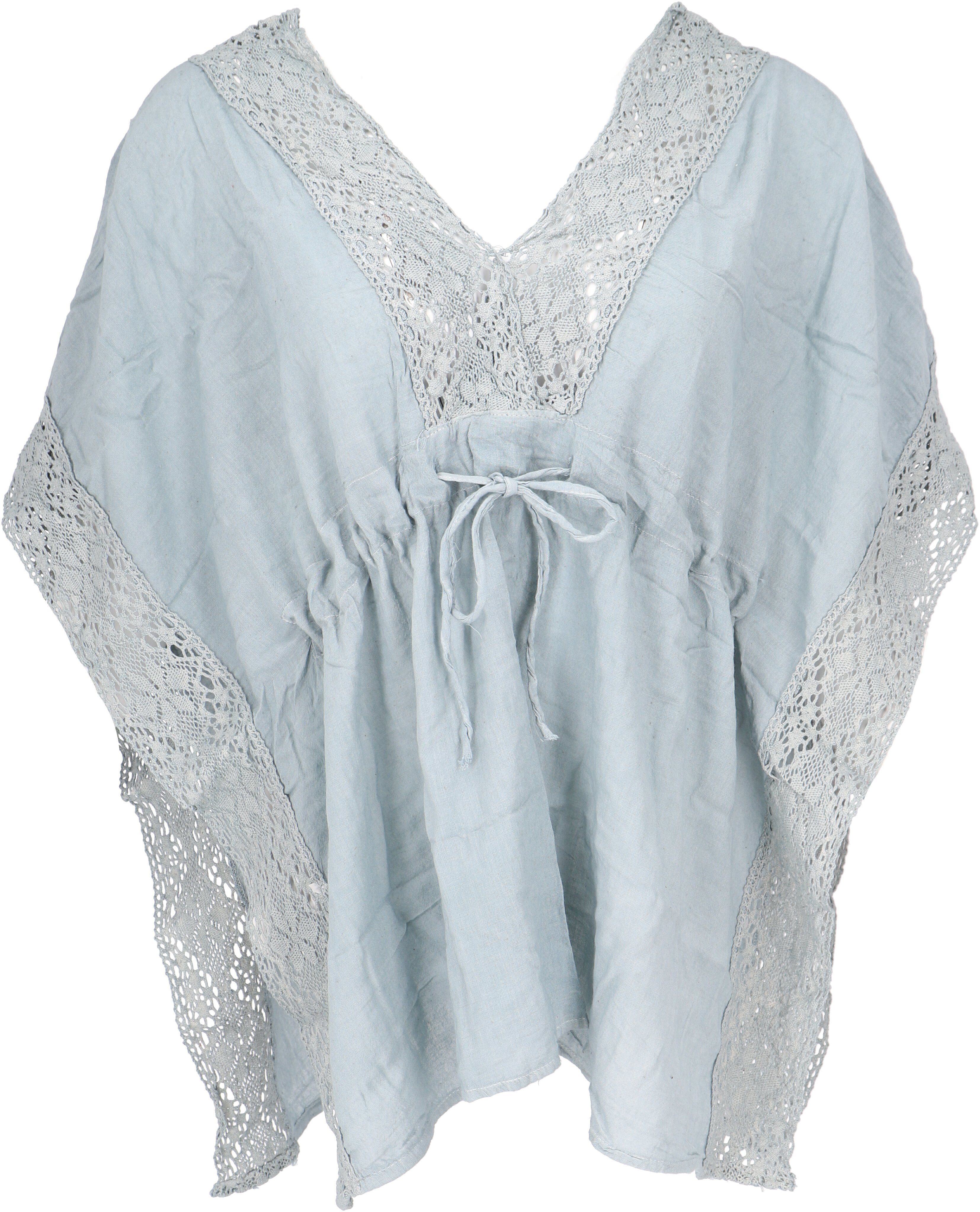 Guru-Shop Longbluse Kurze Kaftanbluse mit Spitze, Boho Kaftan -.. alternative Bekleidung helles taubenblau