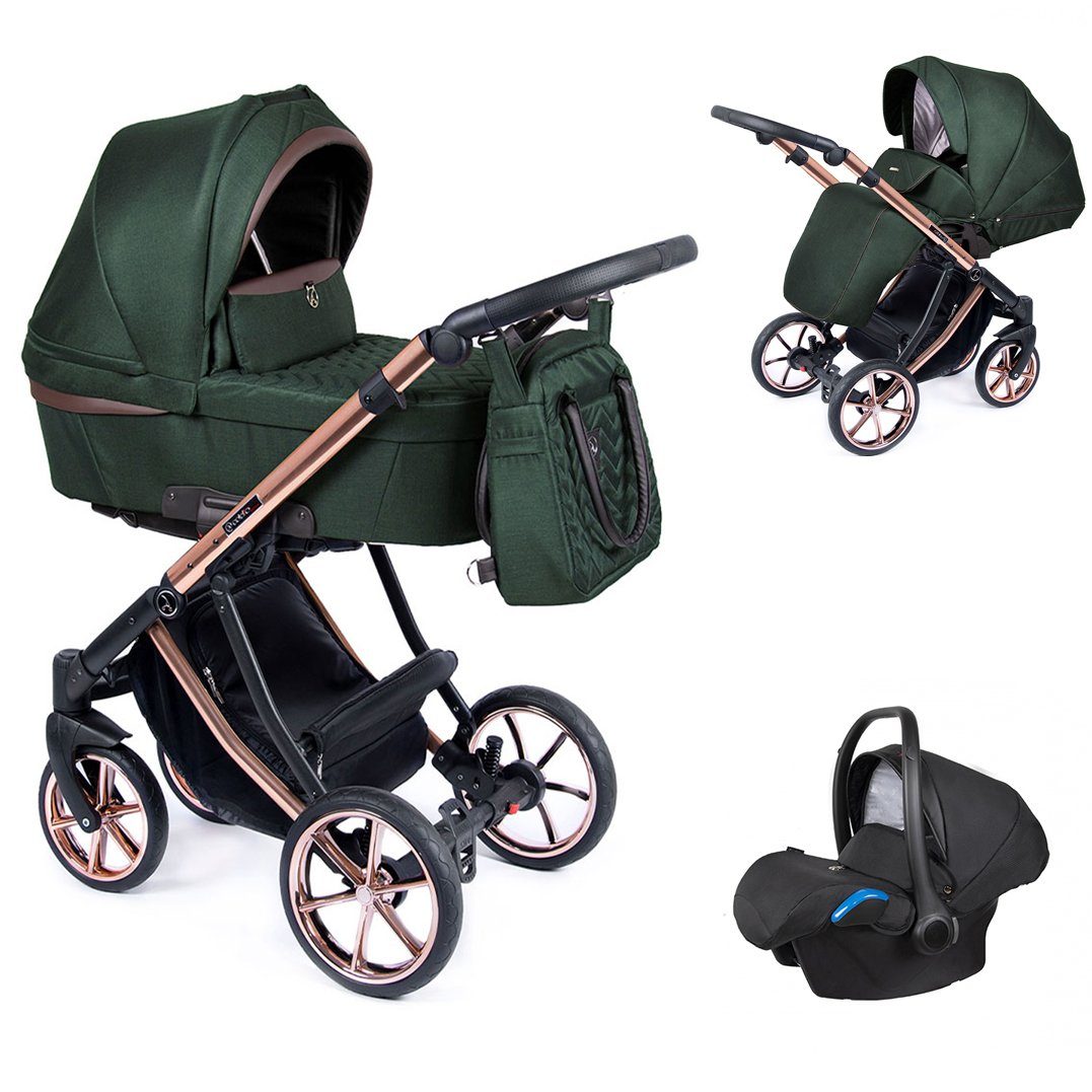 babies-on-wheels Kombi-Kinderwagen 3 in 1 Kinderwagen-Set Dante - 13 Teile - in 16 Farben Tannengrün = Gestell kupfer
