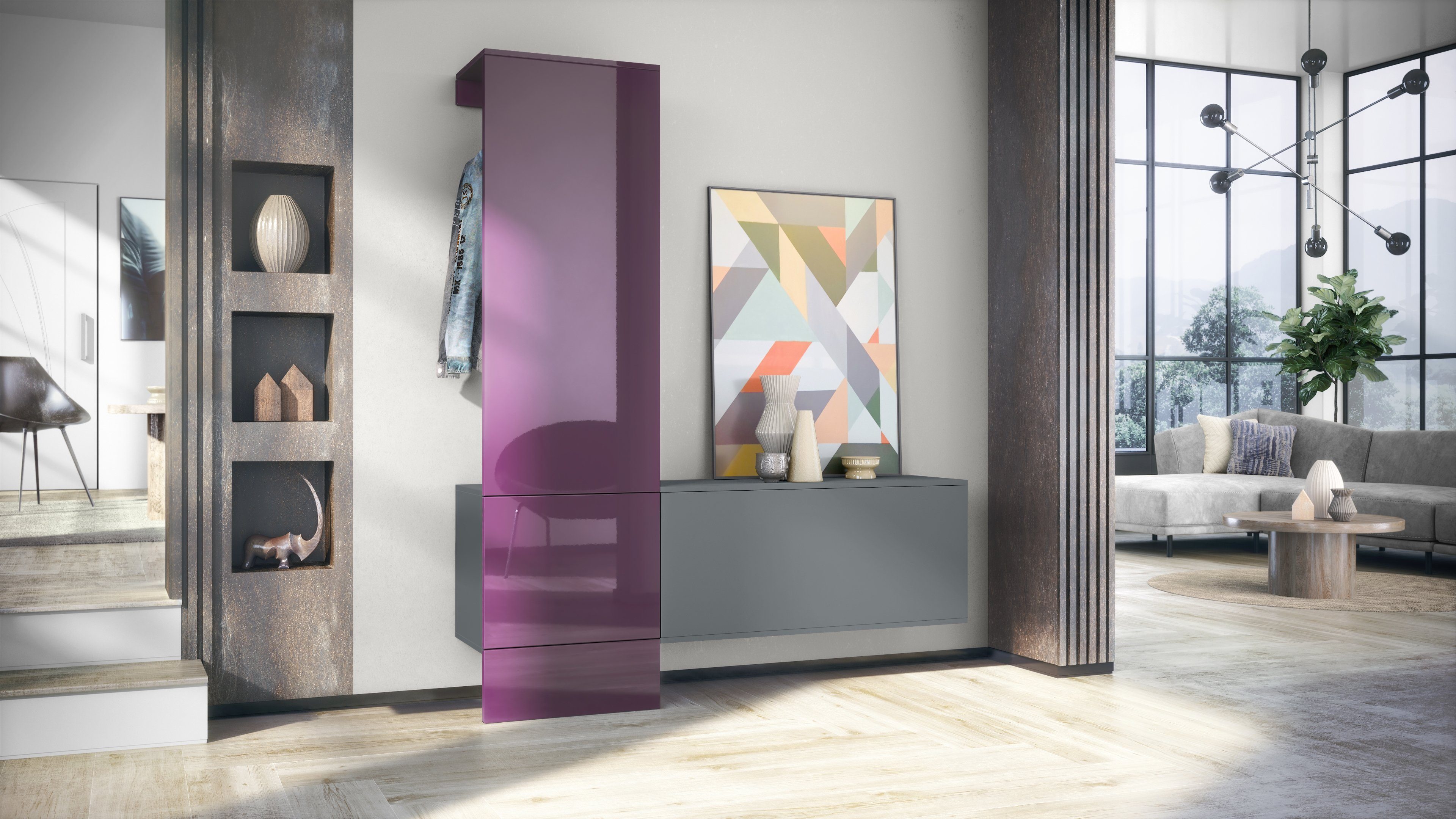 Vladon Garderoben-Set Carlton Set 4, (Wandgarderobe bestehend aus, 1 Paneel und 1 Schrankmodul), Anthrazit matt/Brombeer Hochglanz (156,5 x 193 x 35 cm)