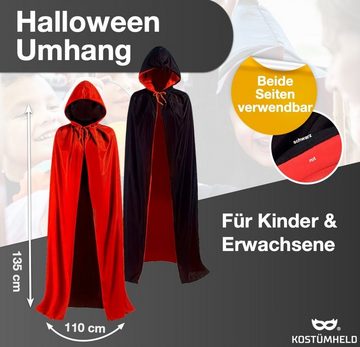 Kostümheld® Umhang Halloween Umhang mit Kaputze - rot & schwarz - Kaputzenumhang Kostüm, Beidseitig
