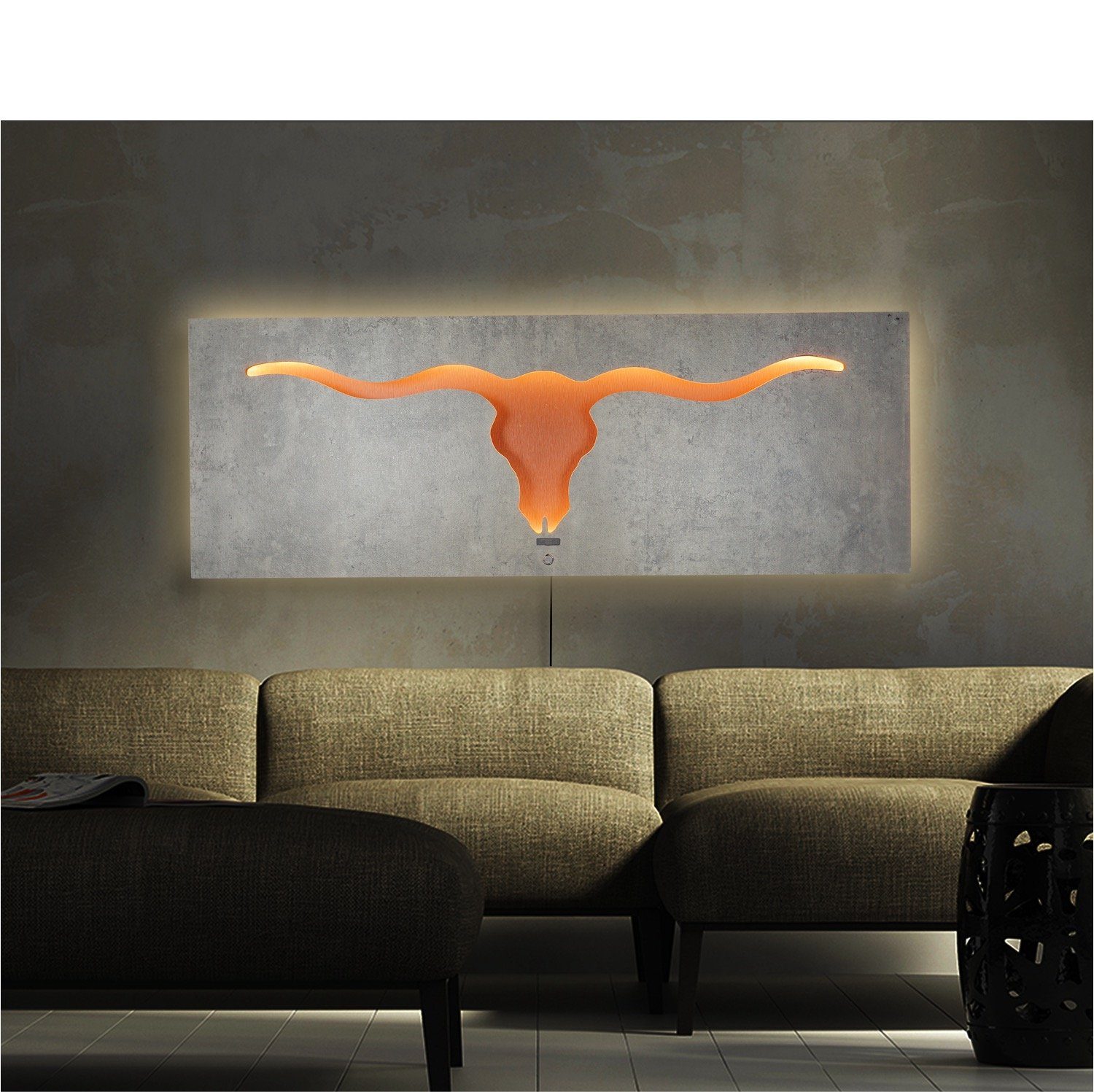 ZENLED Wanddekoobjekt TORO Stierkopf Longhorn Bull 110x40cm - Lichtkunst mit 3D-Effekt, mit dimmbaren LEDs hinterleuchtete Doppelplatte aus Holz und Metall BETON GRAU auf KUPFER ALU