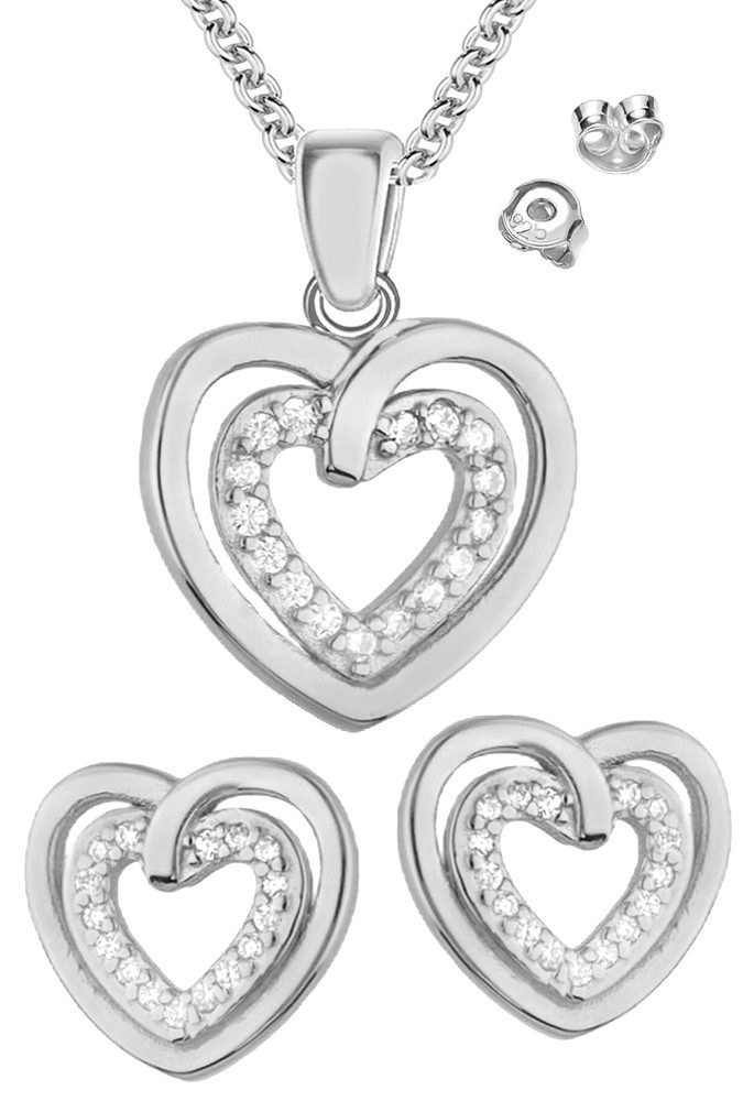 Ohrring und Ketten Set Herz Schmuckset 925 Silber Halskette Ohrstecker Herzkette Anhänger