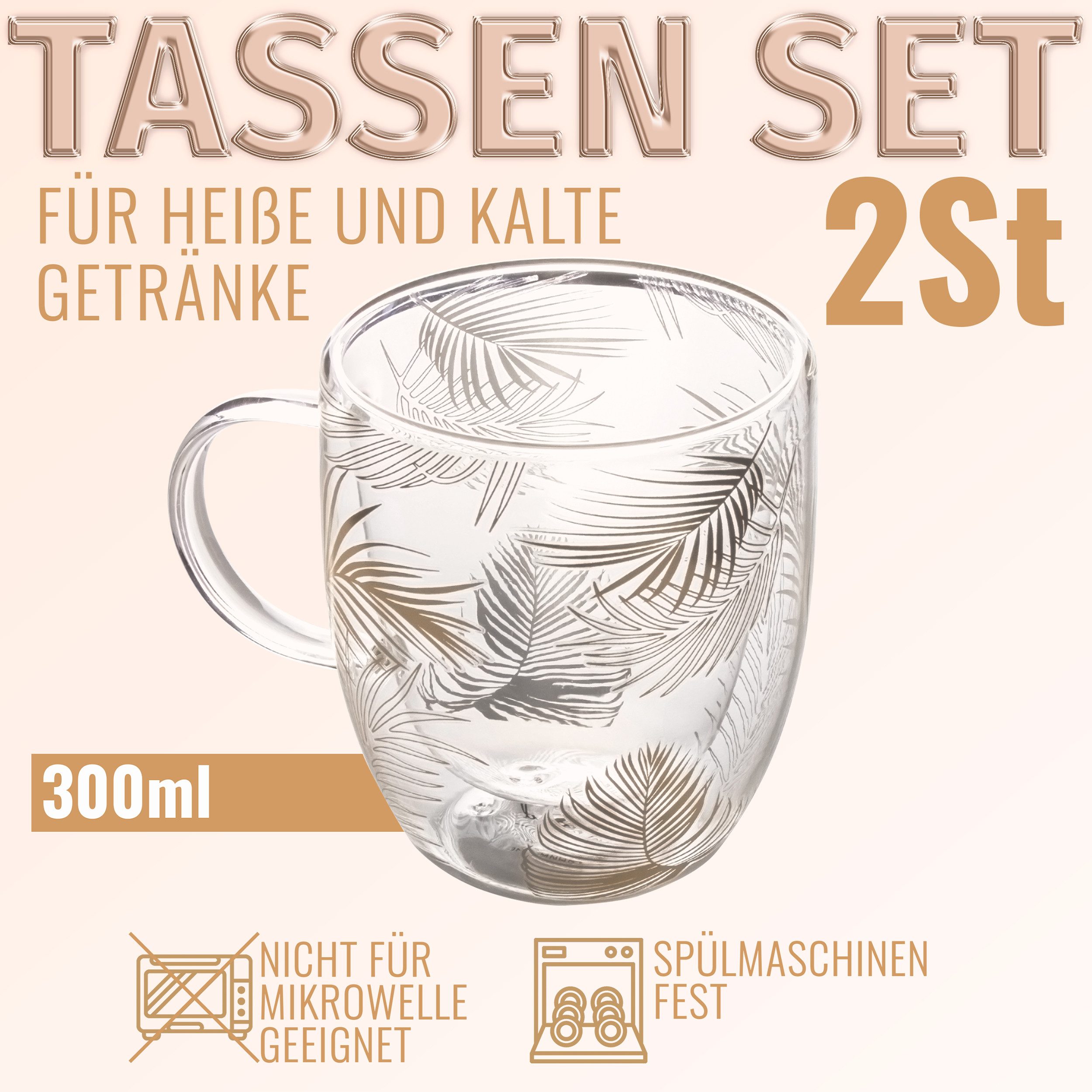 KVOTA Thermoglas Doppelwandiges Glas 2-er Set je 300 ml Thermogläser Design „Tropen“, 2-tlg., Glas, Tropen-design, doppelwandig