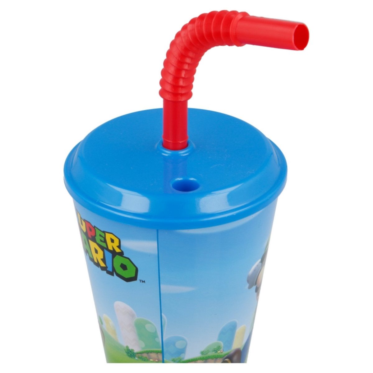 Super Mario Becher Trinkbecher 430 ml mit Deckel und Strohhalm, Polyethylen