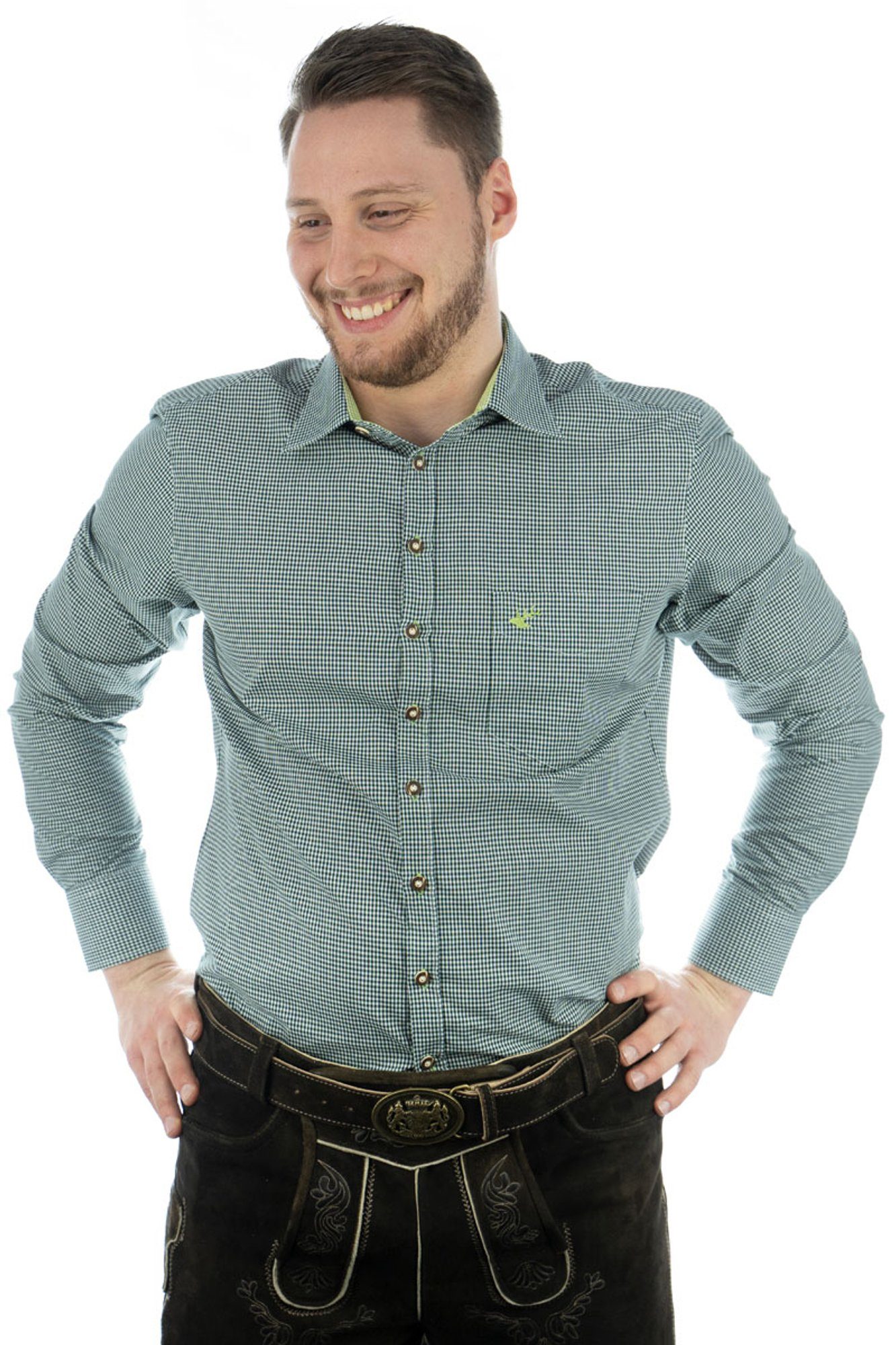 OS-Trachten Trachtenhemd Wacodu Langarmhemd mit Hirsch-Stickerei auf der Brusttasche dunkelgrün | Trachtenhemden