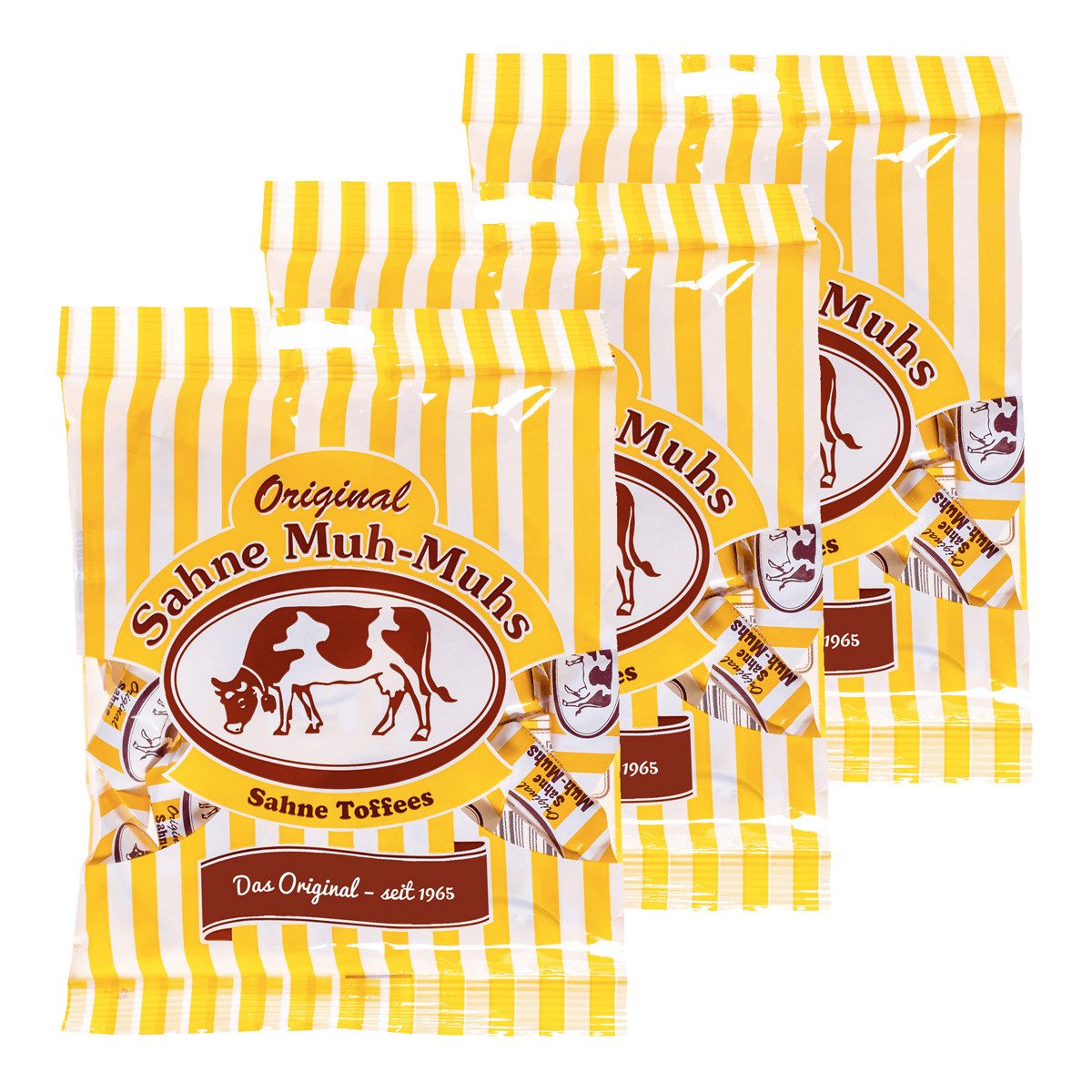 Muh-Muhs Süßigkeit, Muh Muhs Sahne Toffees original Sahne Bonbons gewickelt 215g 3er Pack