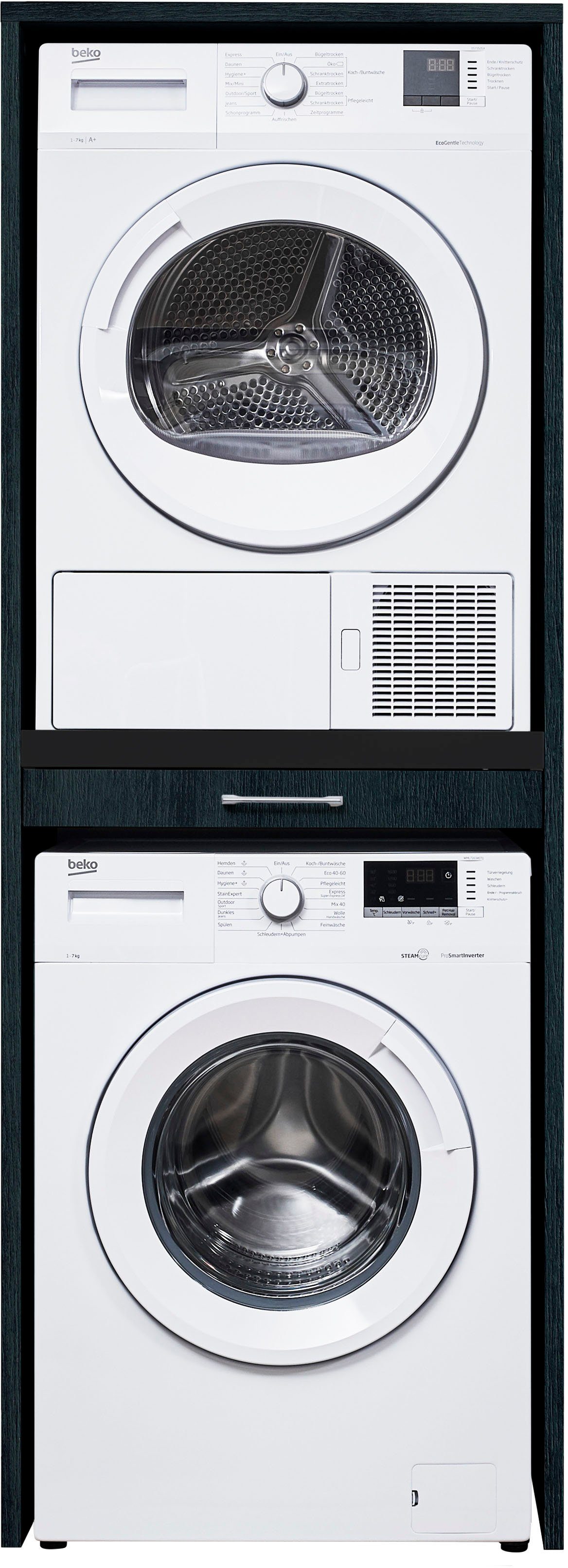 WASHTOWER Waschmaschinenumbauschrank Washtower schwarz mit Eiche Struktur | schwarz