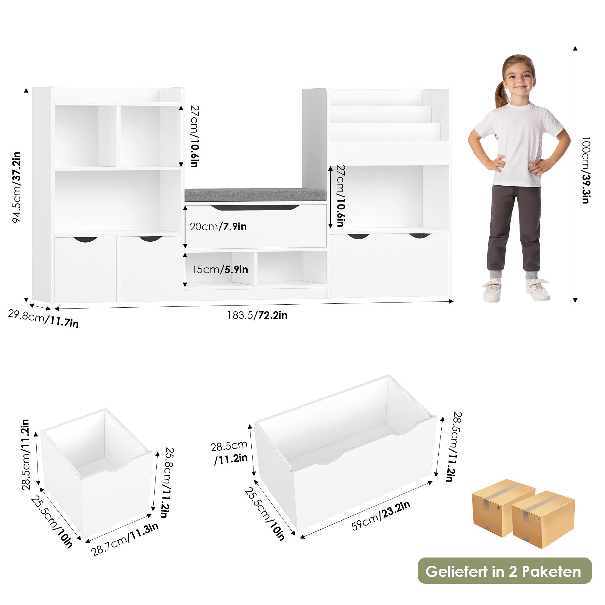 Homfa Sitzbank Kinderregal mit 3 Schubladen auf Räder 183x94x29,8 cm, Spielzeugregal mit 7 offenen Fächern Spielzeugtruhe weiß