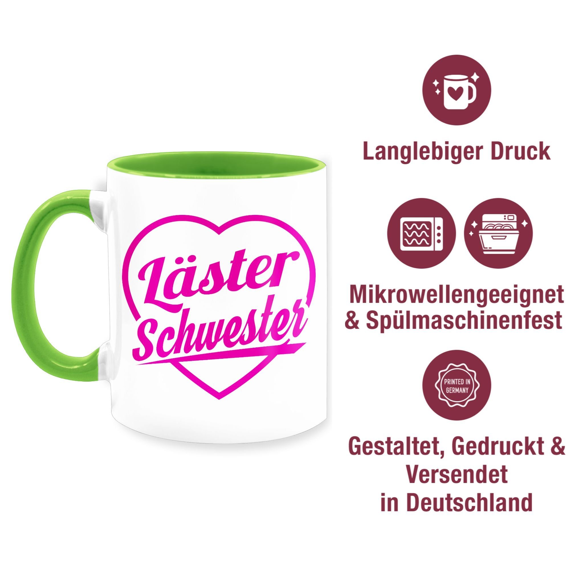 Shirtracer Tasse Läster Schwester - Schwester fuchsia, Keramik, Kaffeetasse Hellgrün 3 & Bruder