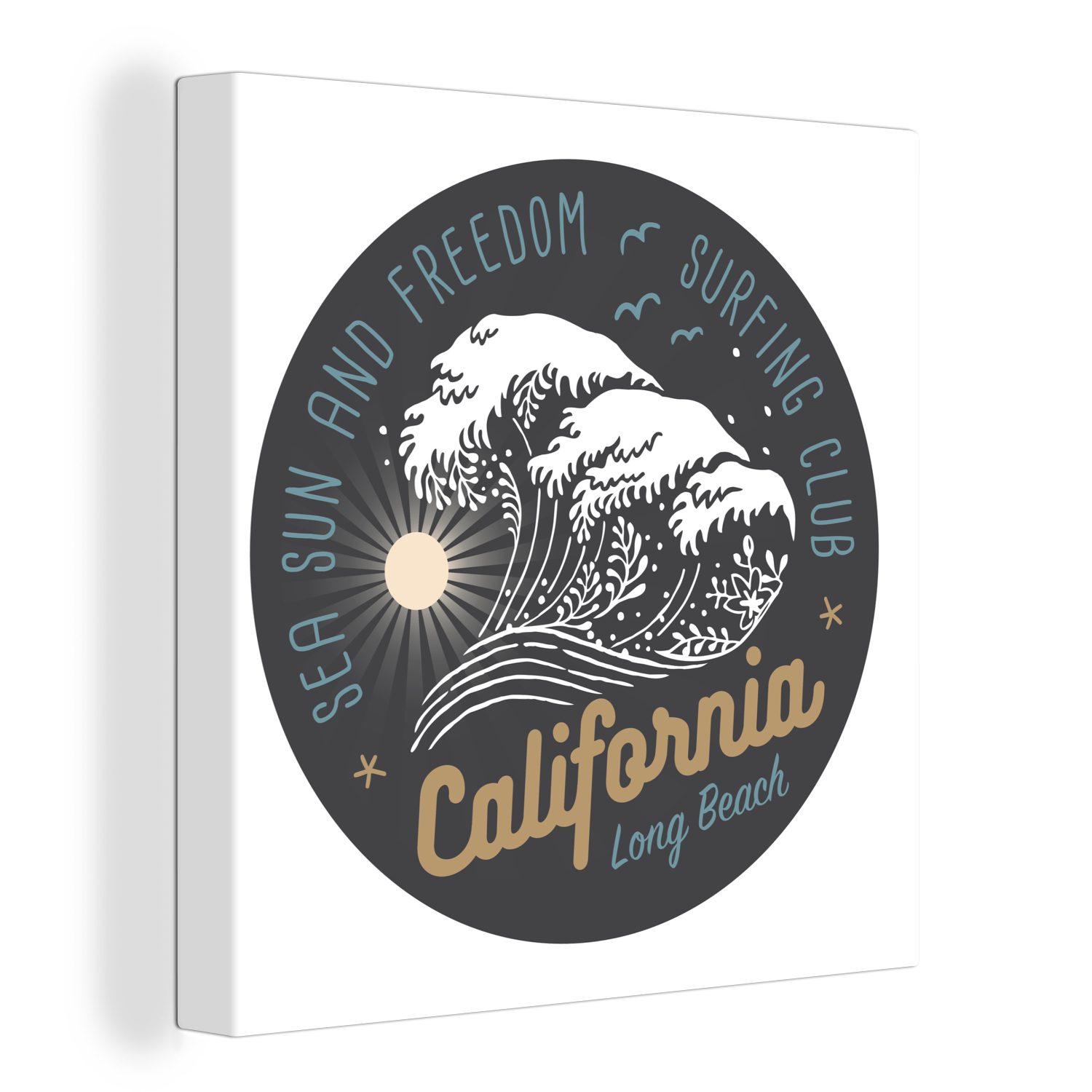 OneMillionCanvasses® Leinwandbild Eine Illustration einer Welle mit dem Text California Long Beach, (1 St), Leinwand Bilder für Wohnzimmer Schlafzimmer