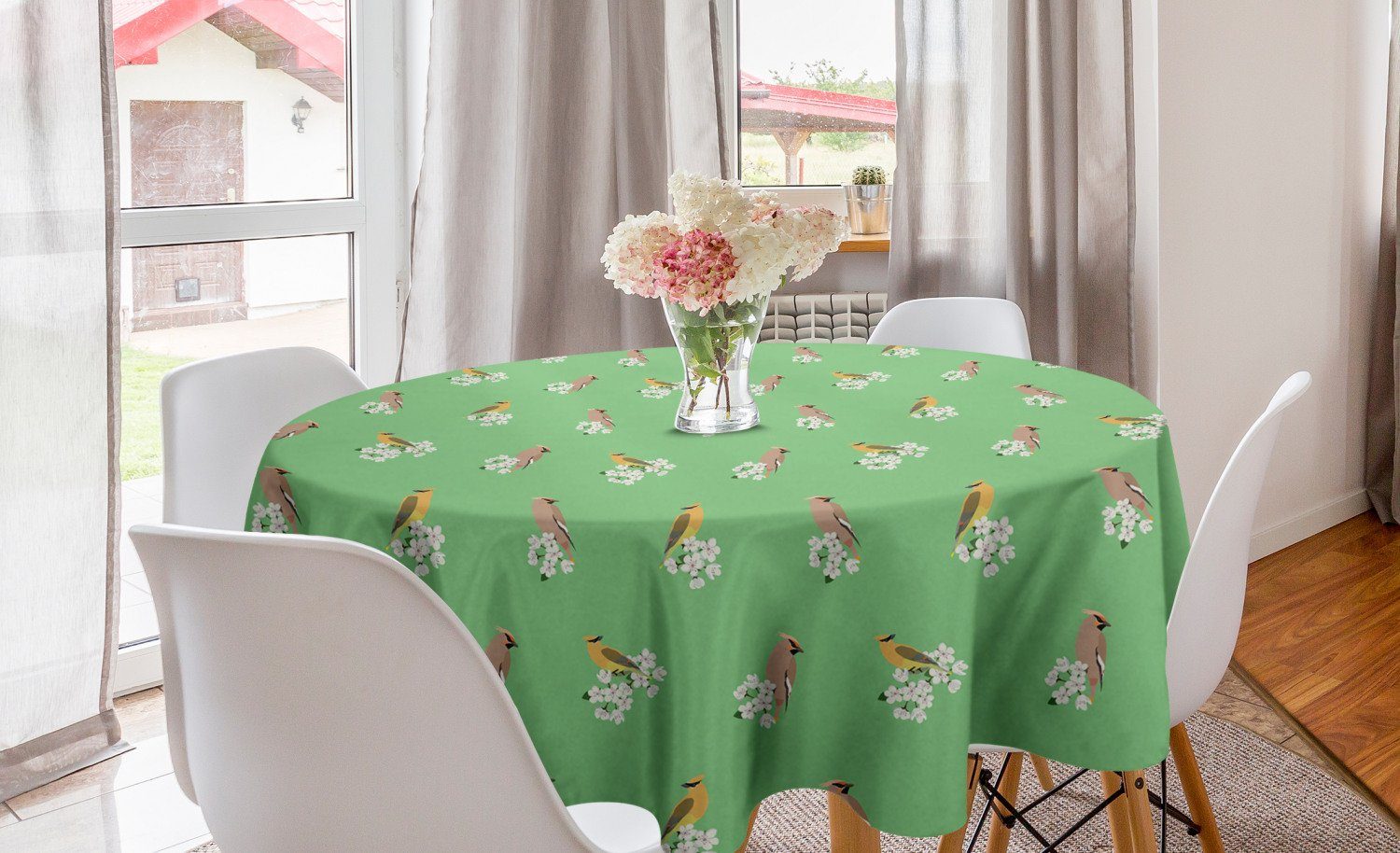 Tischdecke für Abakuhaus Dekoration, Küche Abdeckung Tischdecke Esszimmer Kreis Avian Vogel-Druck Apfel Blühender