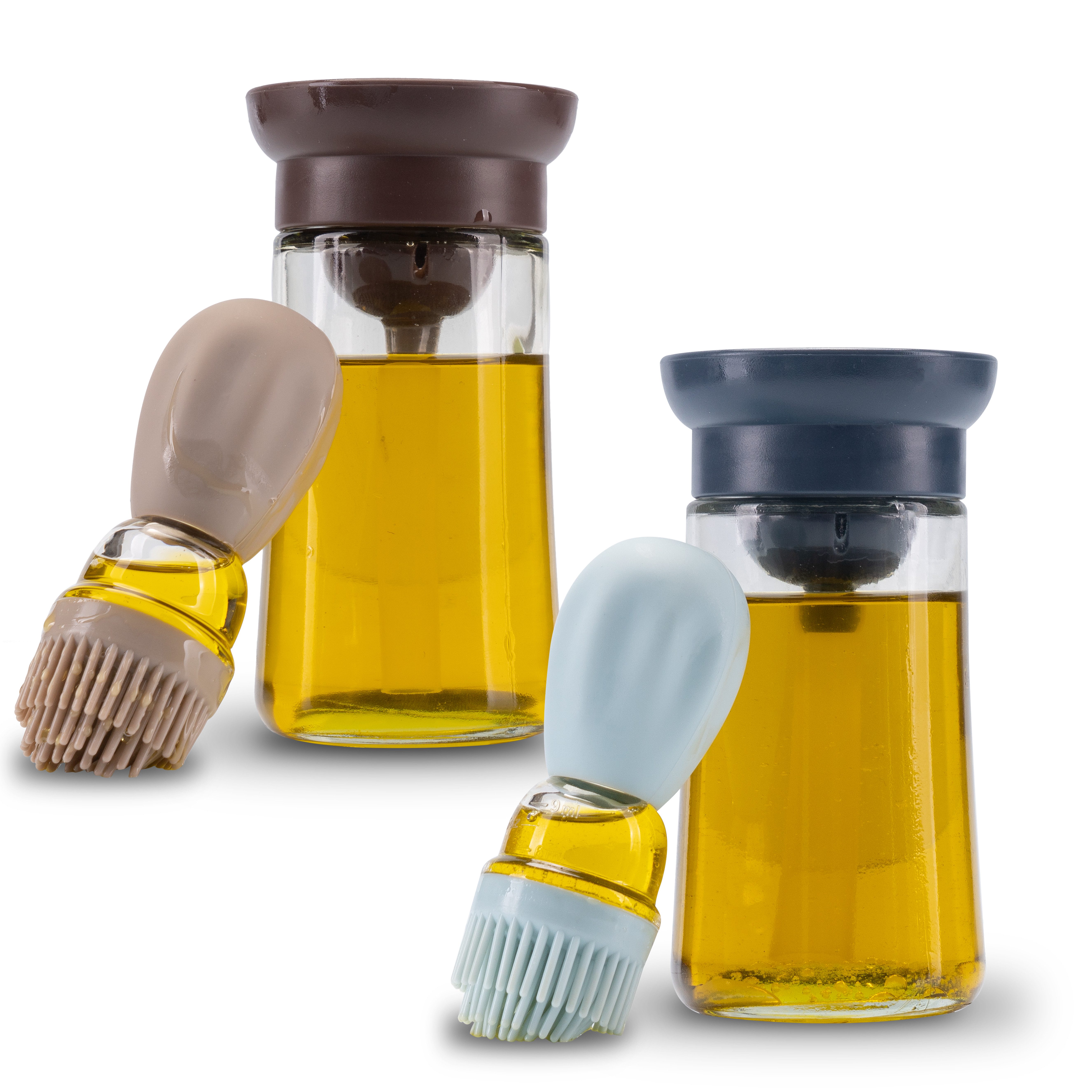 Fino Casa Ölspender 2 in 1 Ölspender, (2er Set: 1x Blau & 1x Beige mit Backpinsel mit Silikonpinsel, Ölsprüher Glasflasche zum befüllen mit 180ml Öl oder Essig)