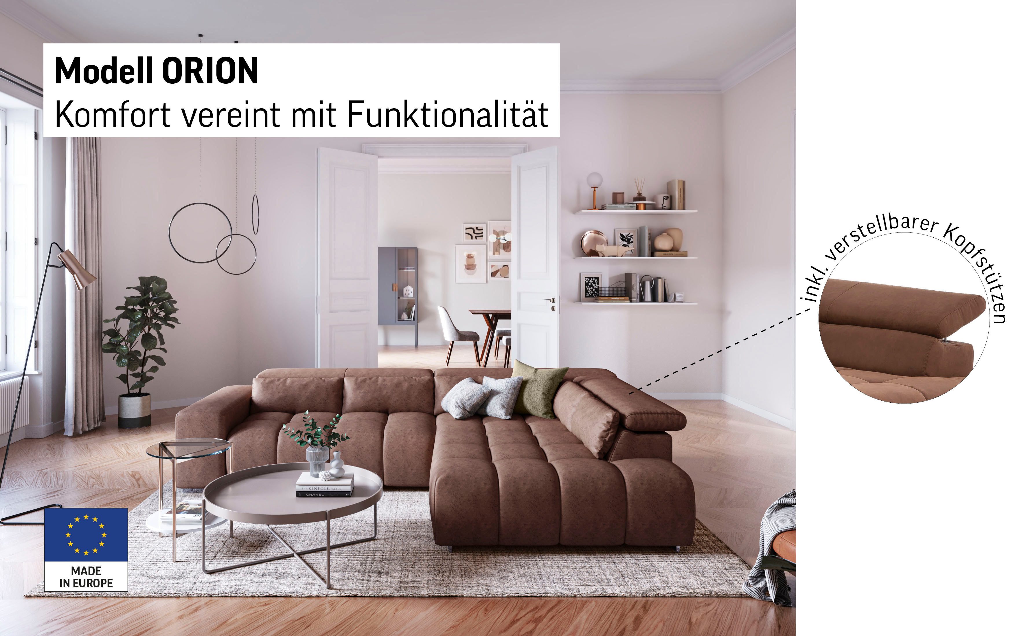 COTTA Ecksofa Orion L-Form, mit Kopfteilverstellung & 5 Nierenkissen