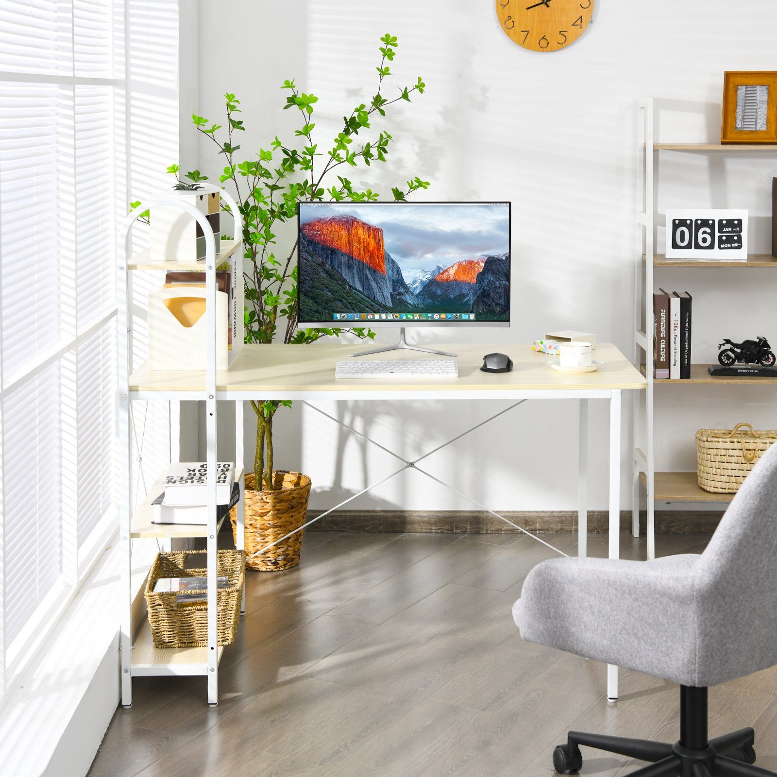 Weiß Computertisch, Füßen, mit Schreibtisch Ablagen COSTWAY Regal & erstellbaren