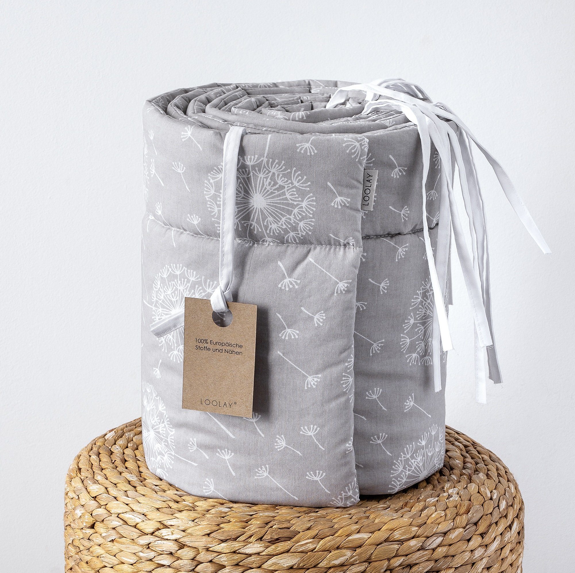 Loolay Bettnestchen GRAU WEIß Baumwolle BETTUMRANDUNG Babybett 420, 360, 210, 180 x 30cm, (Babyausstattung Babynest Kopfschutz Kantenschutz Baby, 100% Baumwolle Babybett Bettschutzgitter Umrandung), LOOLAY® - 100% Europäische Stoffe und Kleinserien-Nähen!