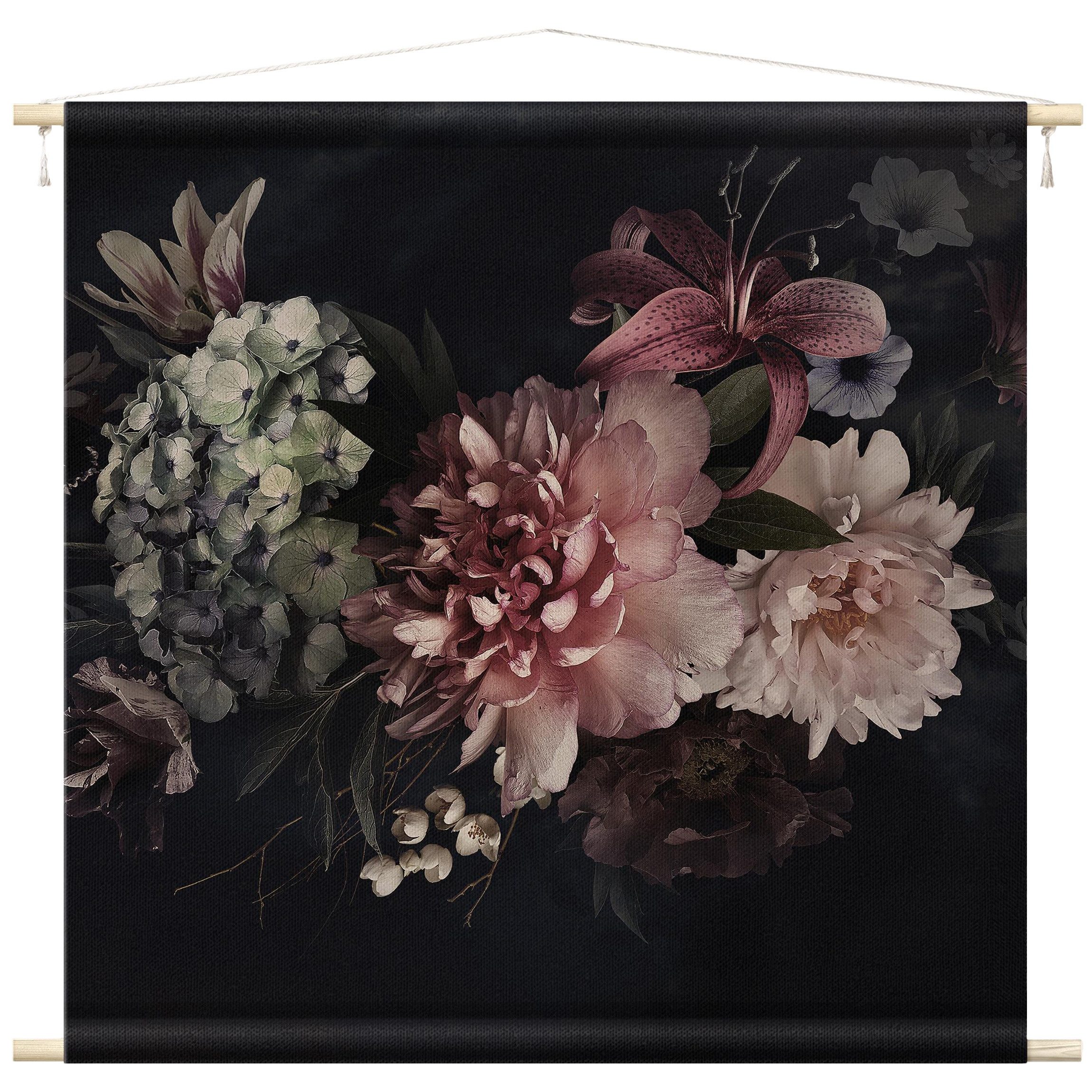 Bilderdepot24 Wandteppich modern Blumen Landhaus schwarz, quadratisch, Höhe: 2.6 mm, großes Wandbild aus Natur-Baumwolle Wandbehang Stoffbild Tuch Wollseil