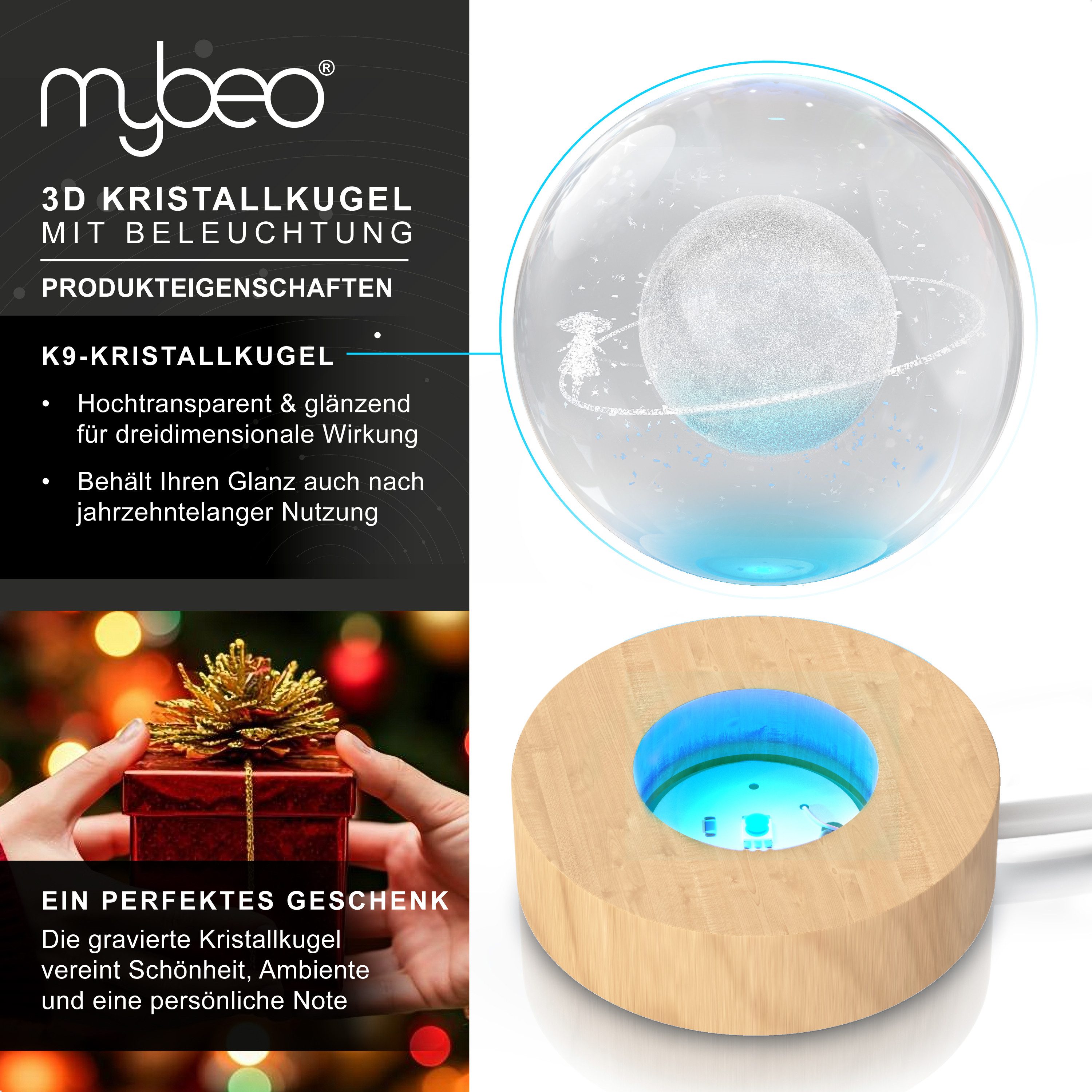 MyBeo LED Dekolicht 3D Glaskugel, Leuchtende Kristallkugel mit Gravur, Nachtlicht Skulptur, Farbwechsel, LED fest integriert, Farbwechsler, RGB LED, K9 Kristall, 6 cm ⌀, Holzsockel, geringer Energieverbrauch